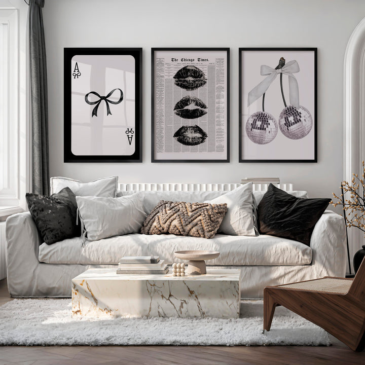Bow and Disco Cherry Interior Design Retro Style Set - Black Framed Poster No Border - Artworksets
