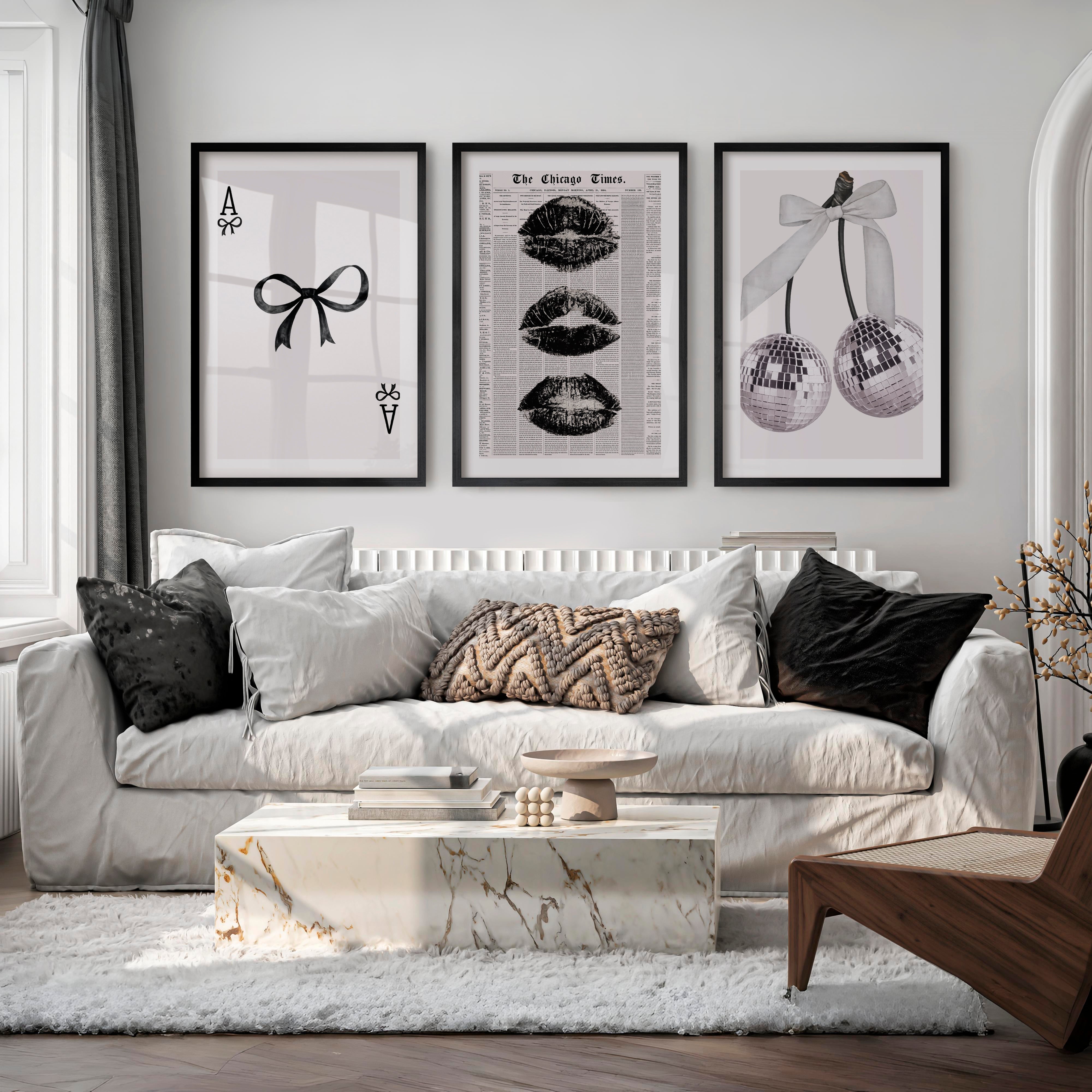 Bow and Disco Cherry Interior Design Retro Style Set - Black Framed Poster with White Border - Artworksets