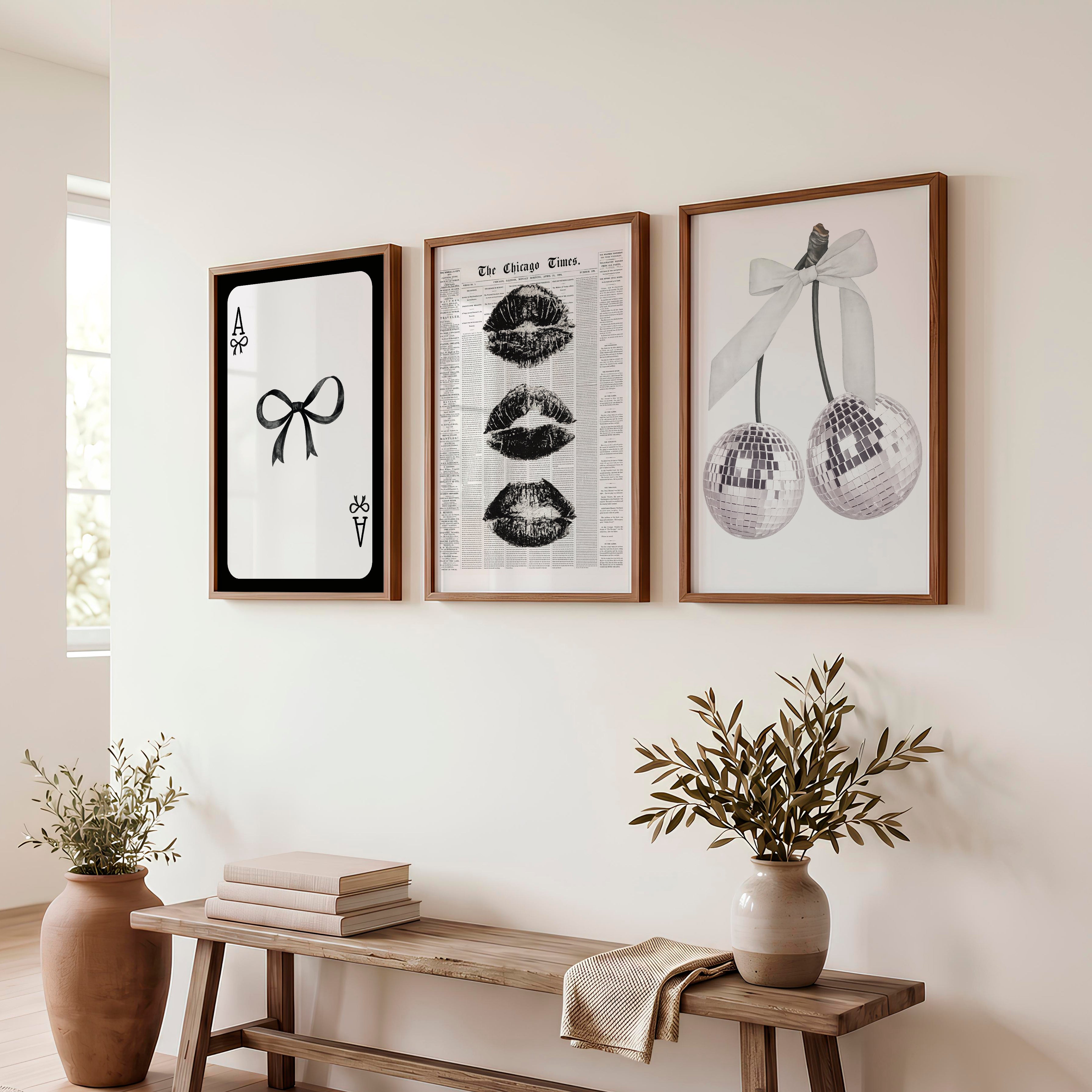 Bow and Disco Cherry Interior Design Retro Style Set - Dark Brown Framed Poster No Border - Artworksets