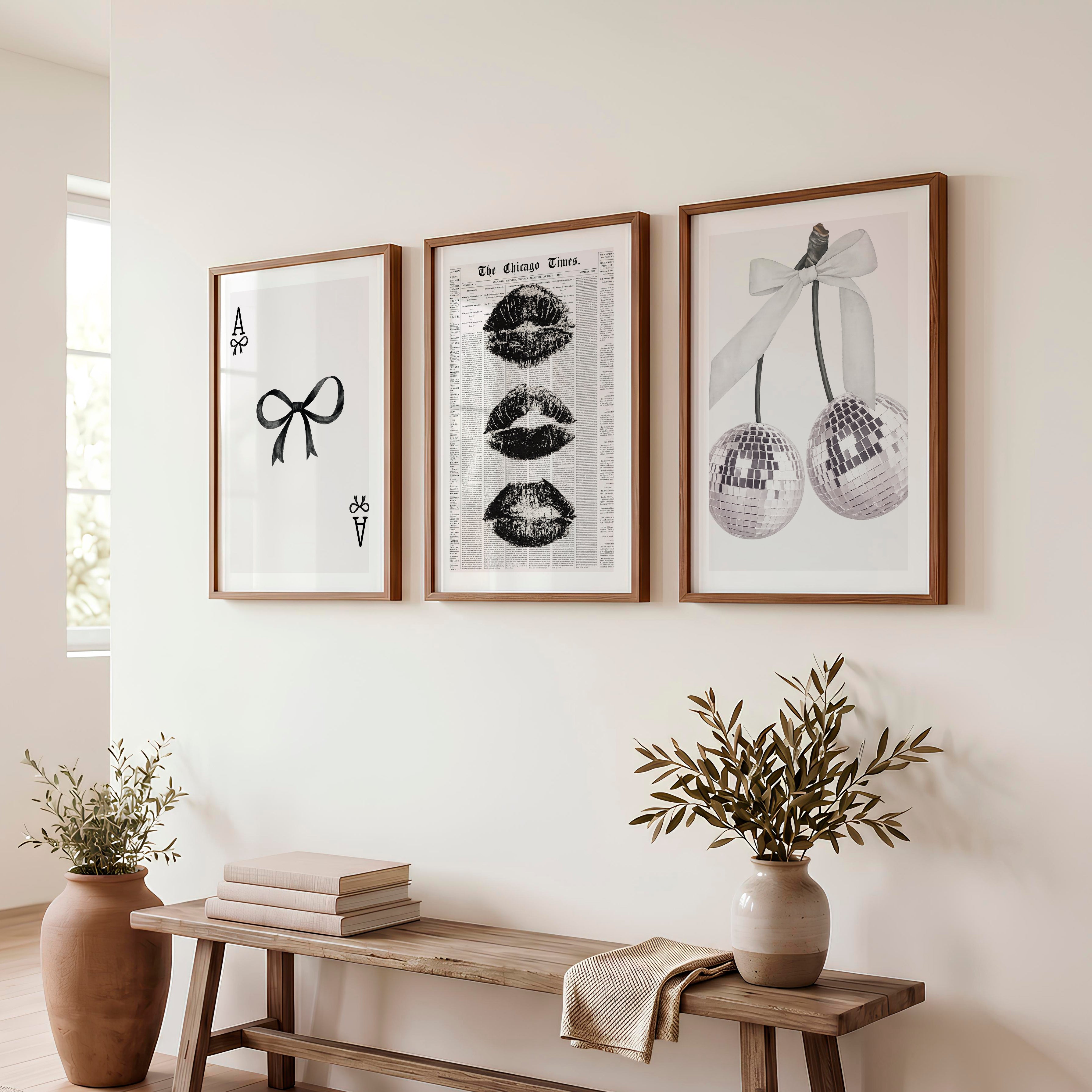 Bow and Disco Cherry Interior Design Retro Style Set - Dark Brown Framed Poster with White Border - Artworksets