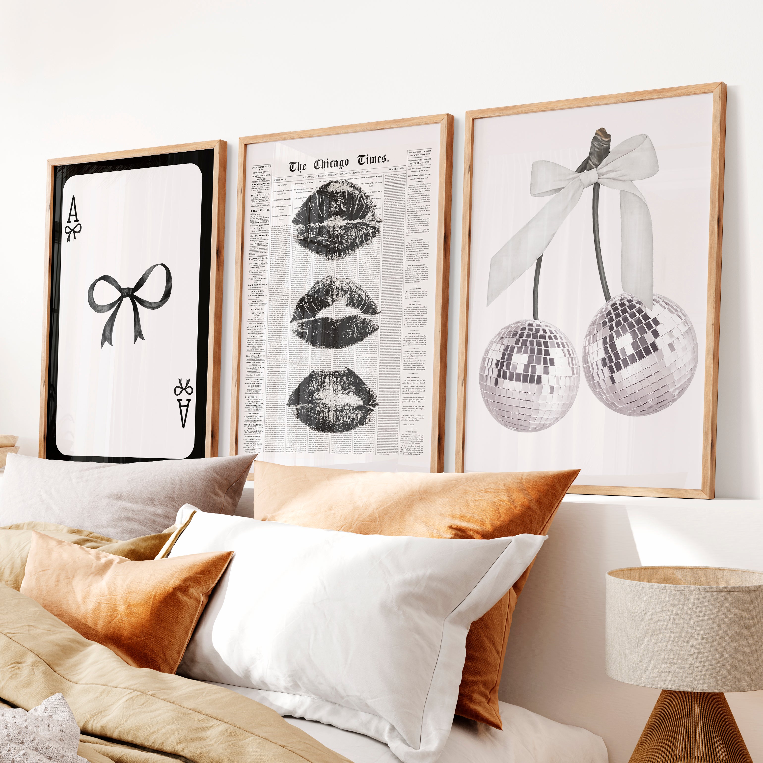 Bow and Disco Cherry Interior Design Retro Style Set - Natural Wood Framed Poster No Border - Artworksets