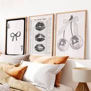 Bow and Disco Cherry Interior Design Retro Style Set - Natural Wood Framed Poster No Border - Artworksets