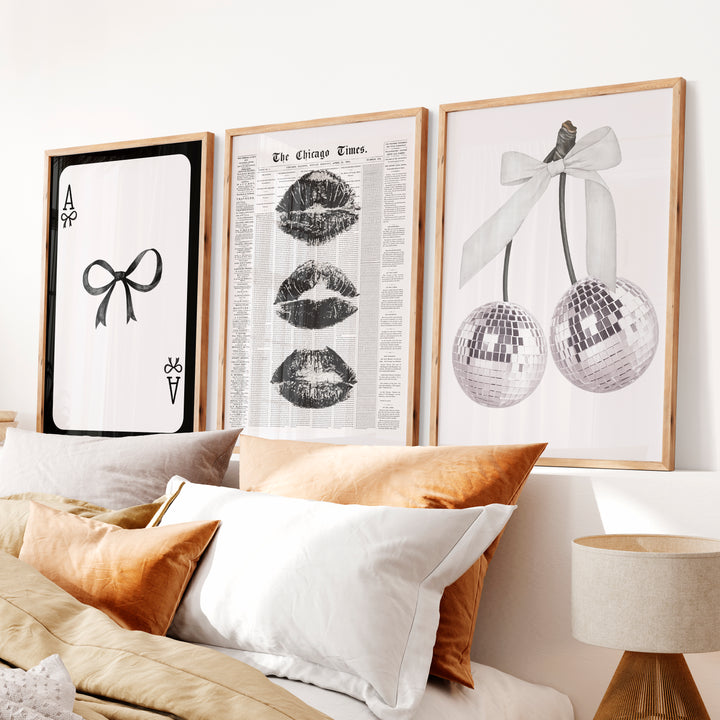 Bow and Disco Cherry Interior Design Retro Style Set - Natural Wood Framed Poster No Border - Artworksets