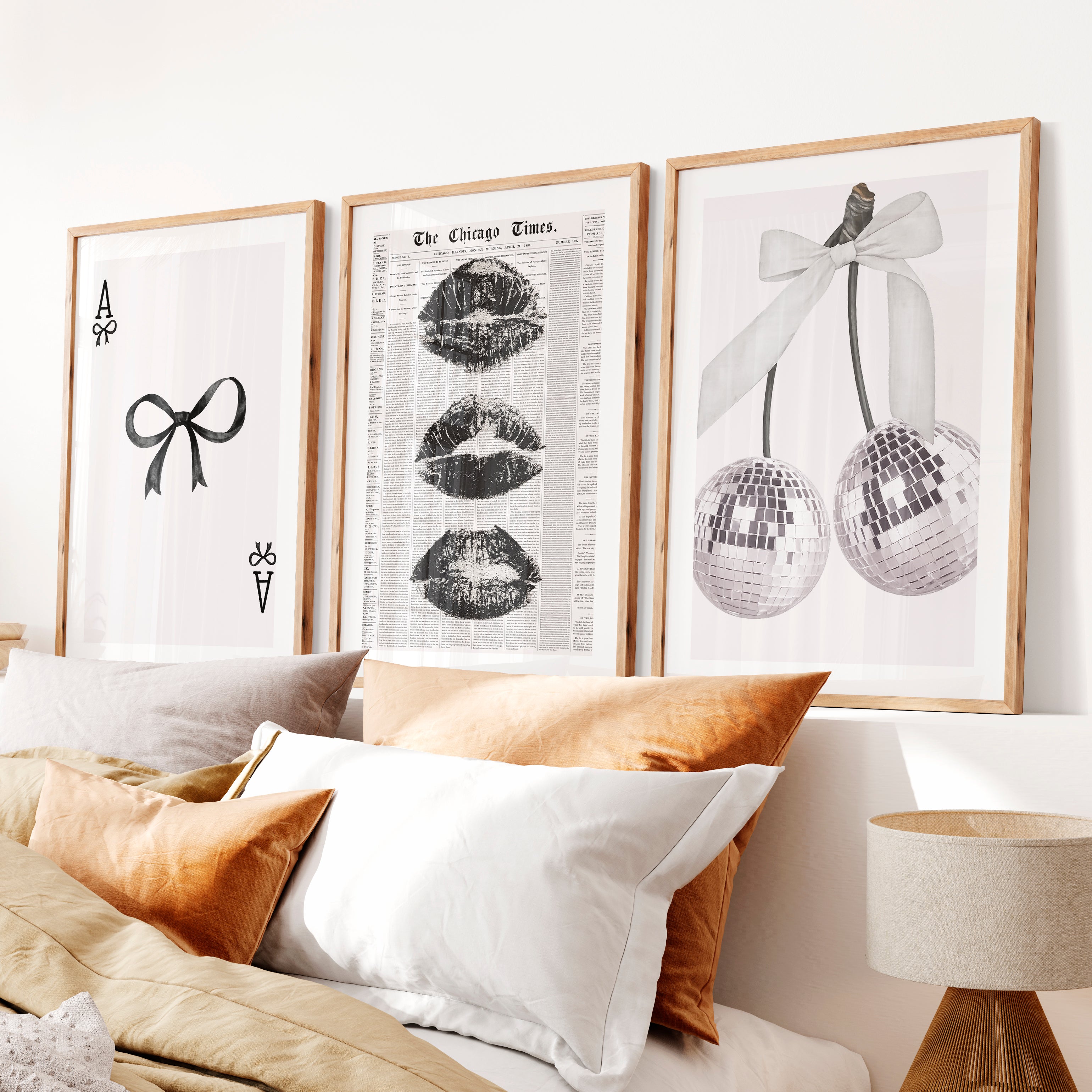 Bow and Disco Cherry Interior Design Retro Style Set- Natural Wood Framed Poster with White Border - Artworksets