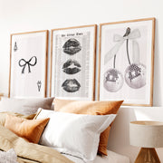 Bow and Disco Cherry Interior Design Retro Style Set- Natural Wood Framed Poster with White Border - Artworksets