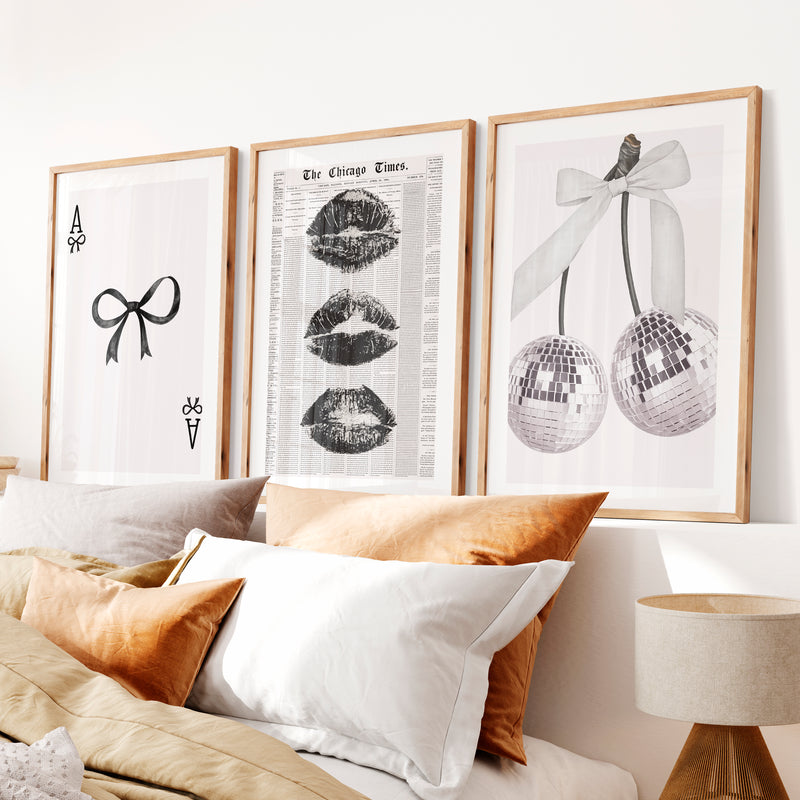 Bow and Disco Cherry Interior Design Retro Style Set- Natural Wood Framed Poster with White Border - Artworksets