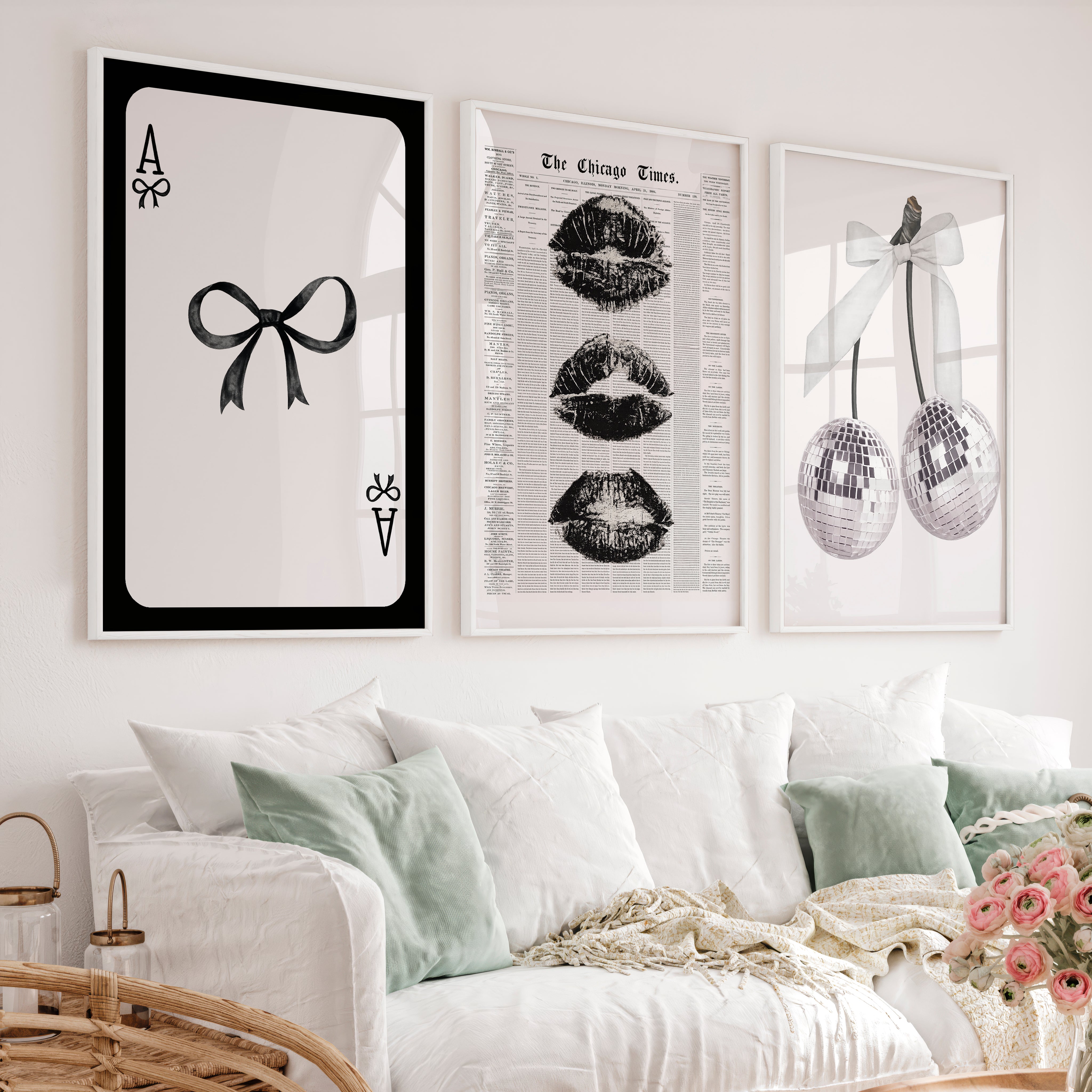 Bow and Disco Cherry Interior Design Retro Style Set - White Framed Poster No Border - Artworksets