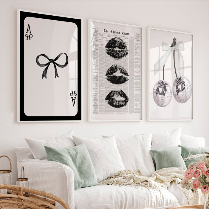 Bow and Disco Cherry Interior Design Retro Style Set - White Framed Poster No Border - Artworksets