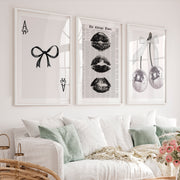 Bow and Disco Cherry Interior Design Retro Style Set - White Framed Poster with White Border - Artworksets