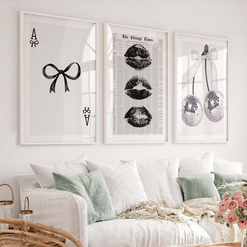 Bow and Disco Cherry Interior Design Retro Style Set - White Framed Poster with White Border - Artworksets