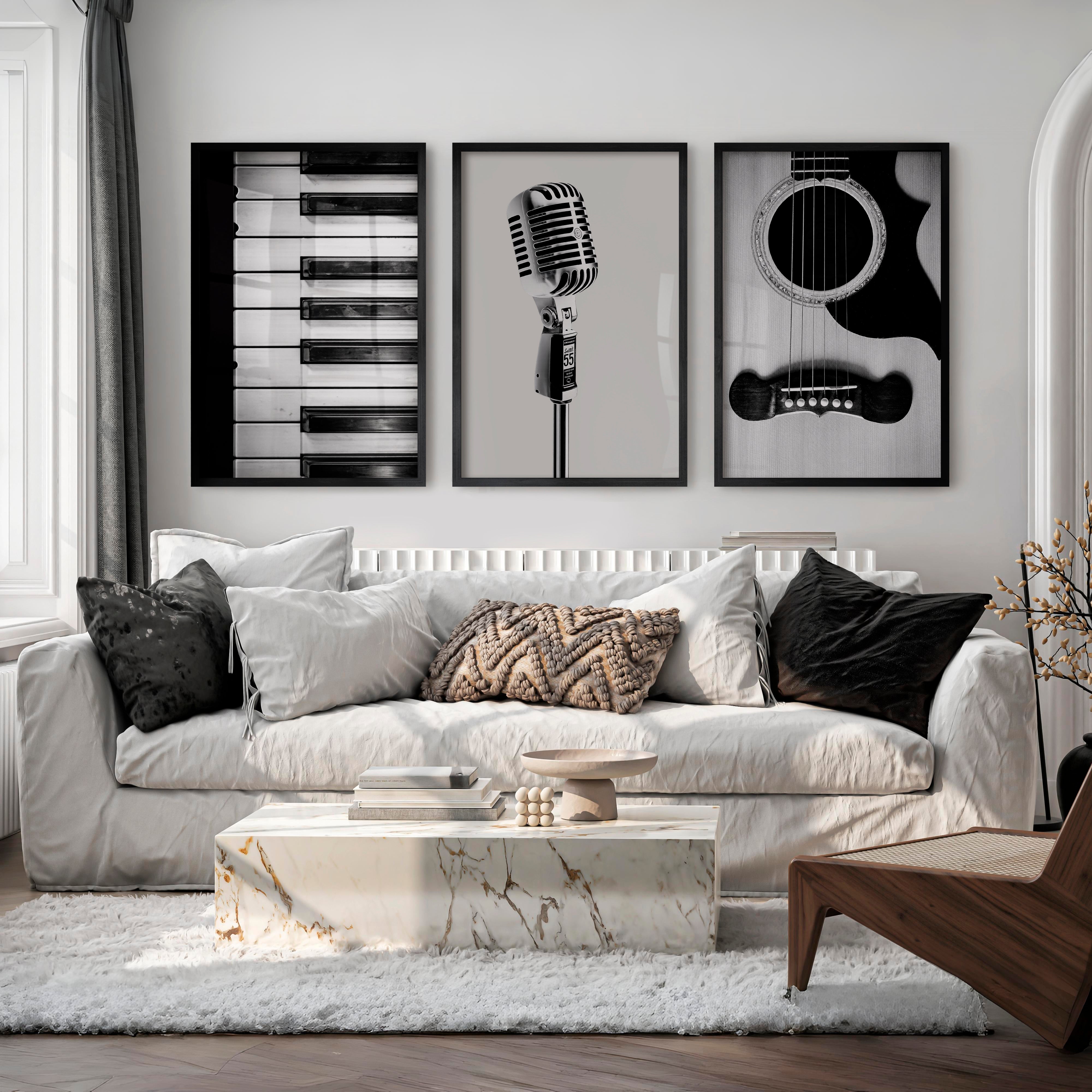Black and White Music interior design vintage style - Black Framed Poster No Border - Artworksets