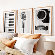 Black and White Music interior design vintage style- Natural Wood Framed Poster with White Border - Artworksets