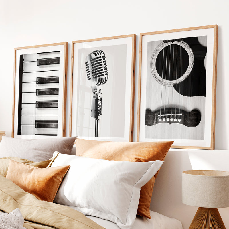 Black and White Music interior design vintage style- Natural Wood Framed Poster with White Border - Artworksets