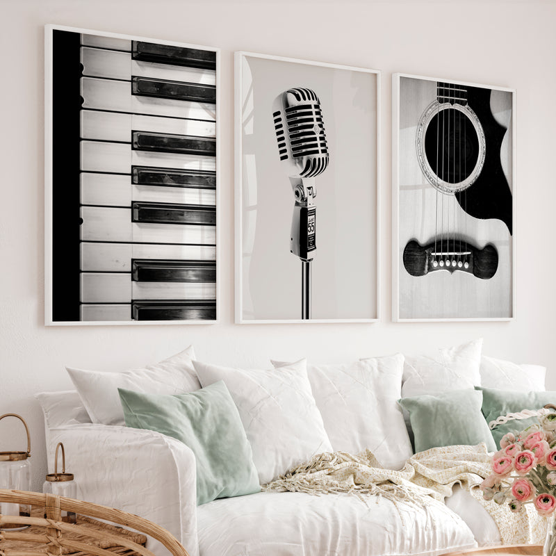 Black and White Music interior design vintage style - White Framed Poster No Border - Artworksets