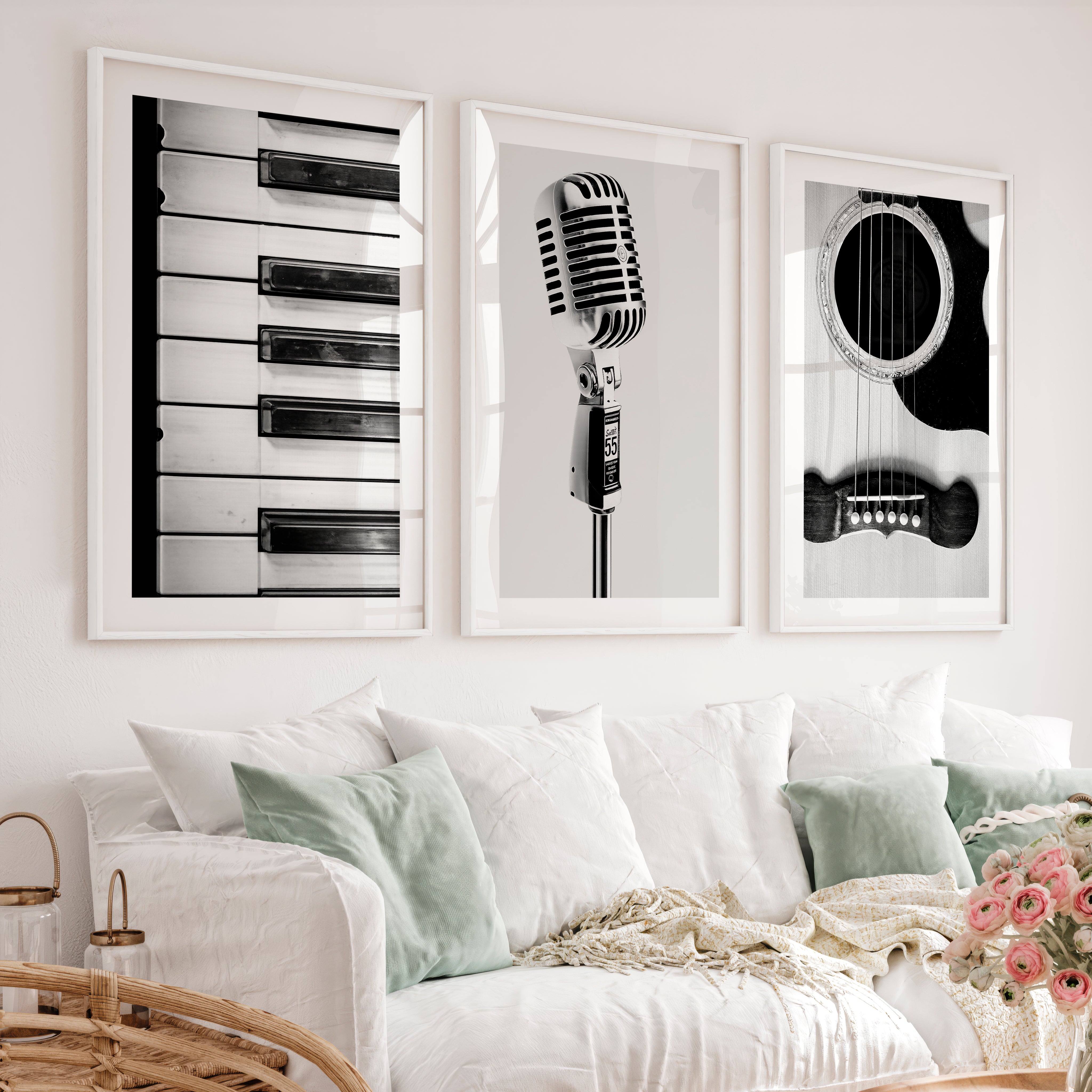 Black and White Music interior design vintage style - White Framed Poster with White Border - Artworksets