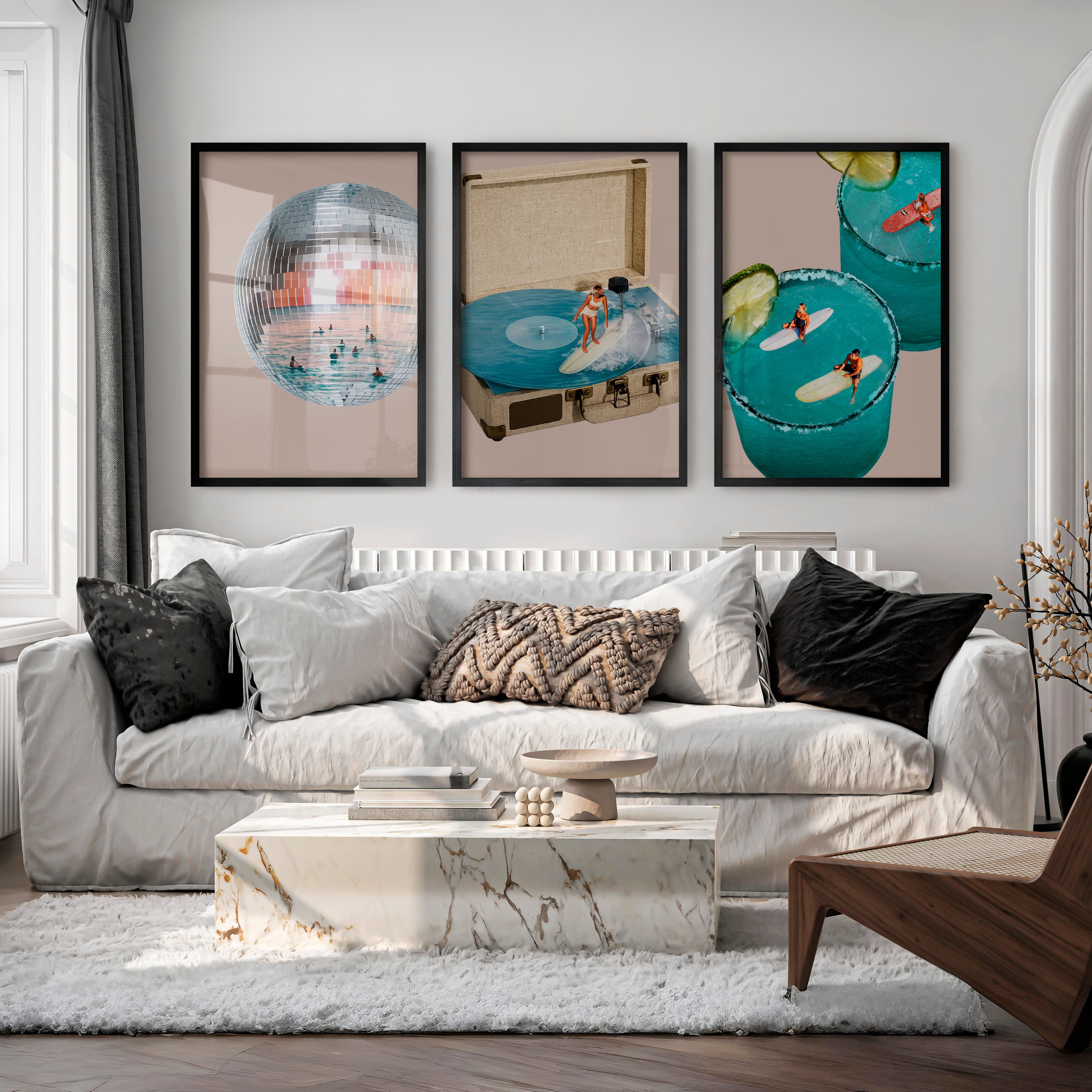 Interior Retro Wall Art with Disco Ball and Surf Record Player - Black Framed Poster No Border - Artworksets