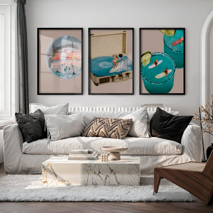 Interior Retro Wall Art with Disco Ball and Surf Record Player - Black Framed Poster No Border - Artworksets