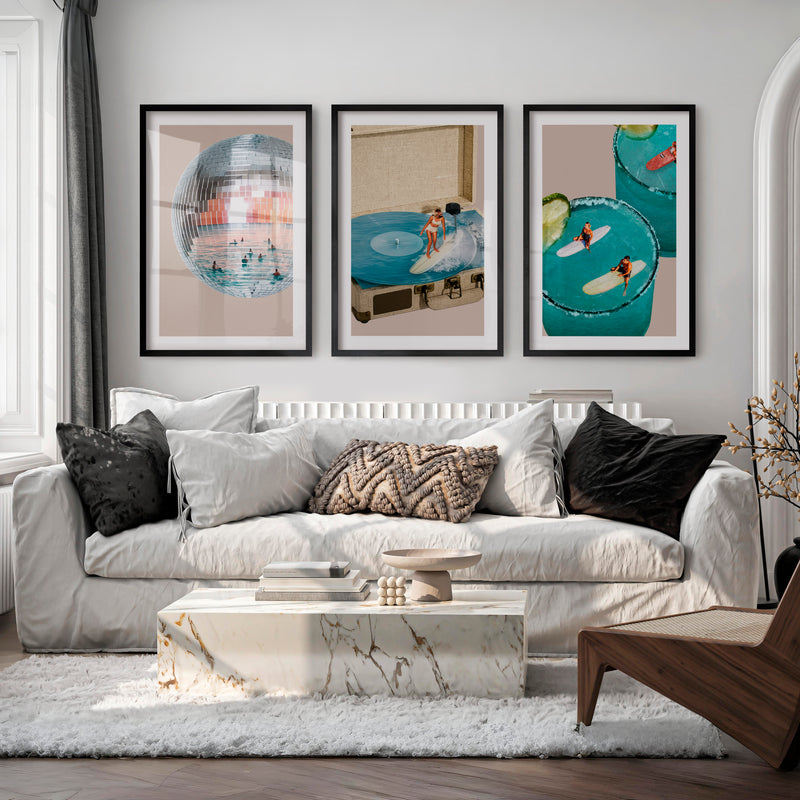 Interior Retro Wall Art with Disco Ball and Surf Record Player - Black Framed Poster with White Border - Artworksets