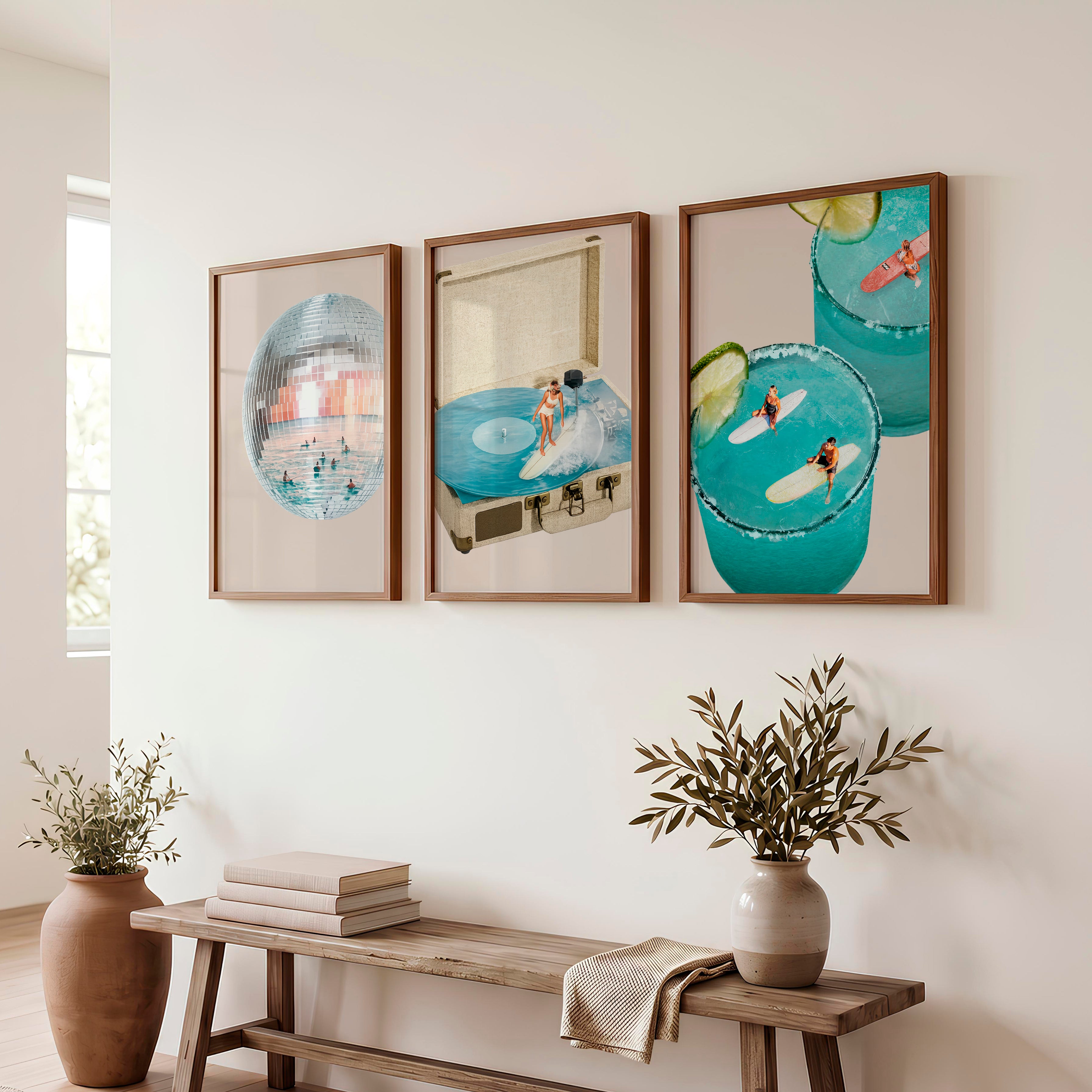 Interior Retro Wall Art with Disco Ball and Surf Record Player - Dark Brown Framed Poster No Border - Artworksets
