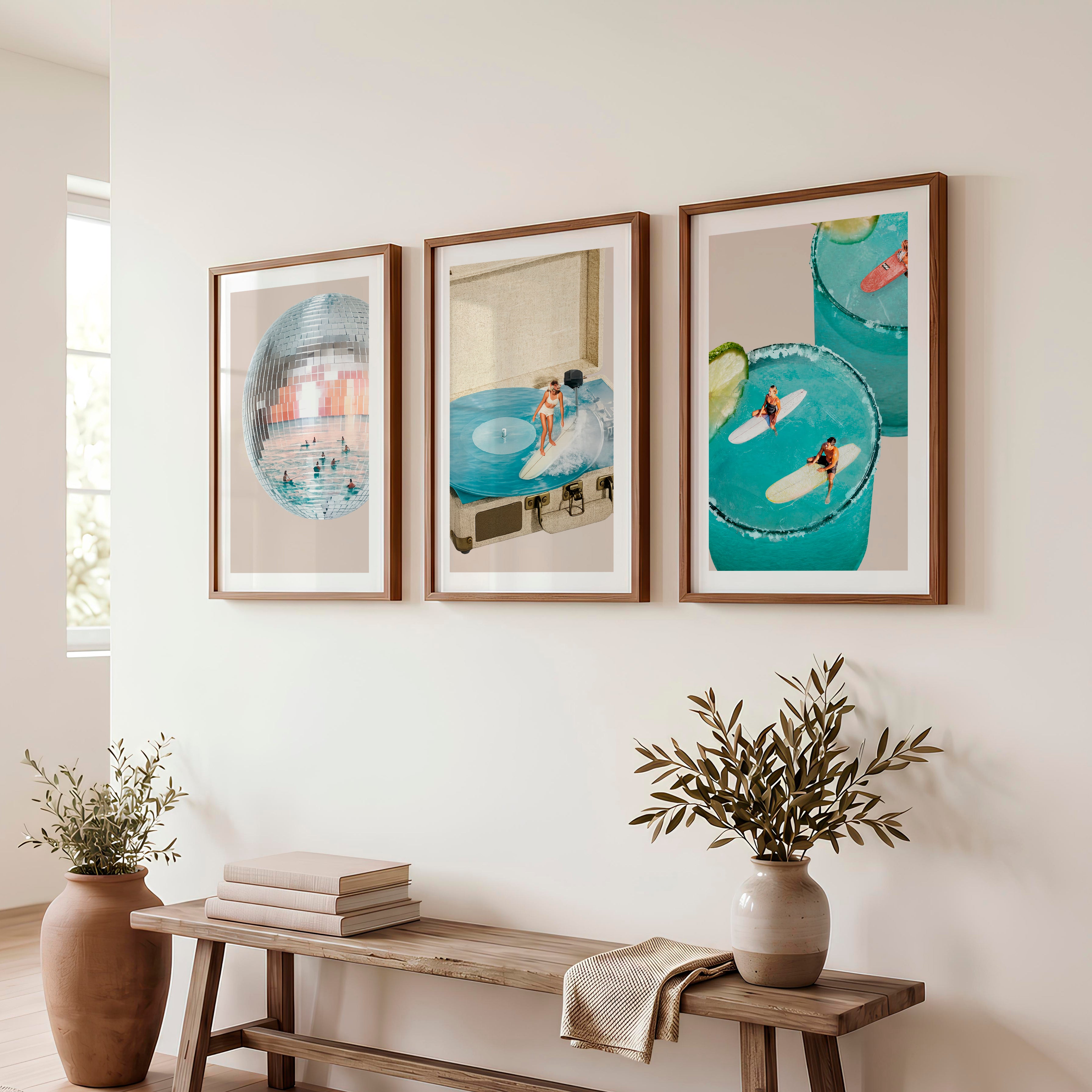 Interior Retro Wall Art with Disco Ball and Surf Record Player - Dark Brown Framed Poster with White Border - Artworksets