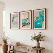 Interior Retro Wall Art with Disco Ball and Surf Record Player - Dark Brown Framed Poster with White Border - Artworksets