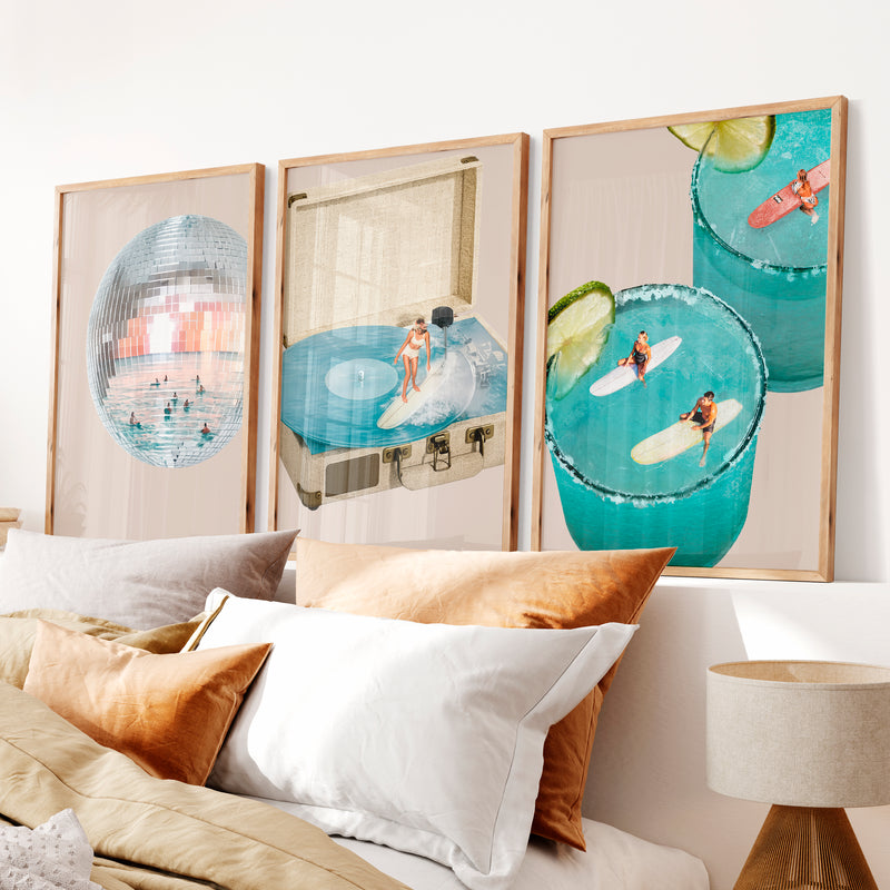 Interior Retro Wall Art with Disco Ball and Surf Record Player - Natural Wood Framed Poster No Border - Artworksets