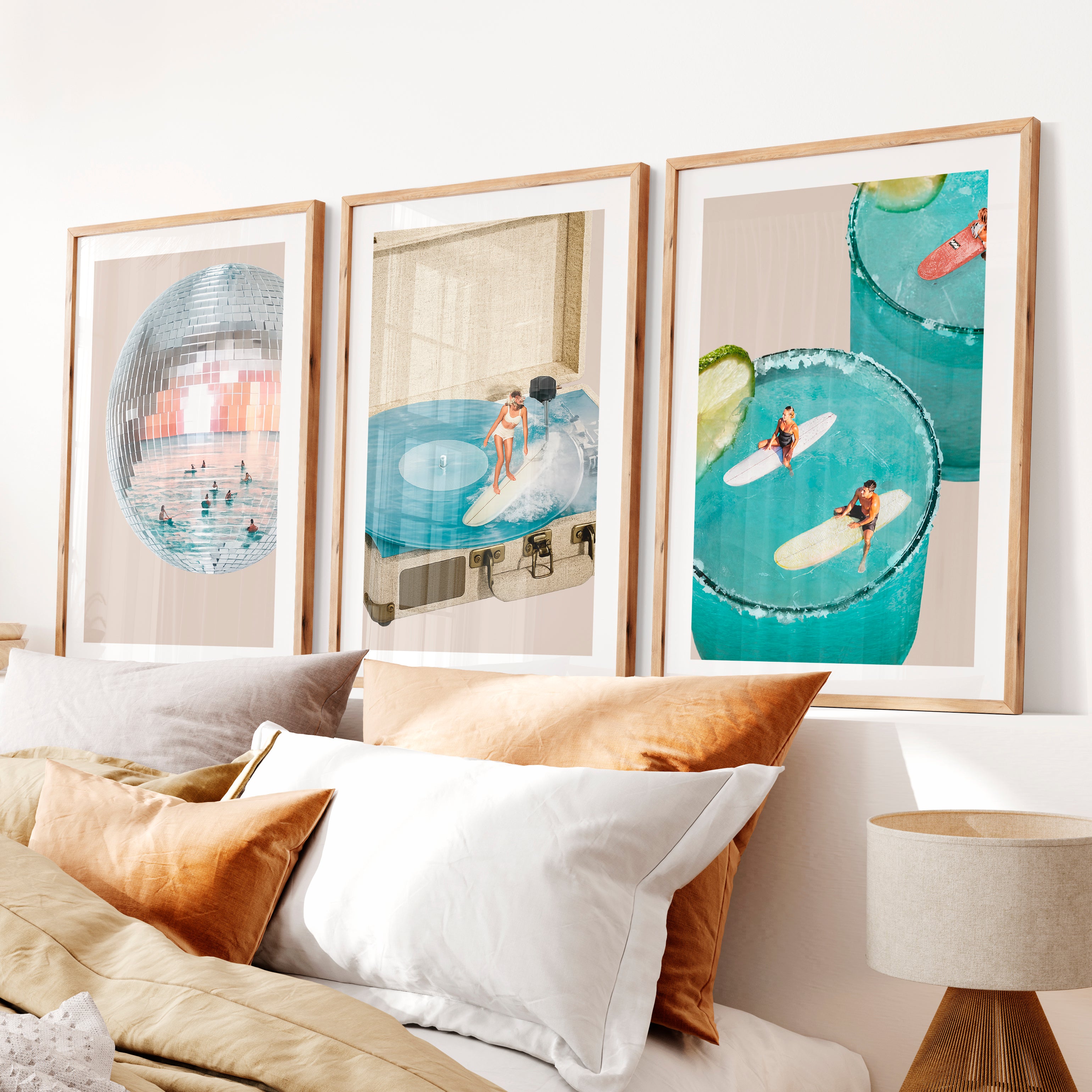 Interior Retro Wall Art with Disco Ball and Surf Record Player- Natural Wood Framed Poster with White Border - Artworksets