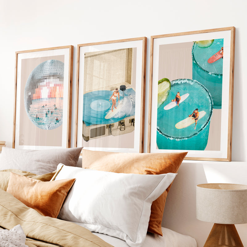 Interior Retro Wall Art with Disco Ball and Surf Record Player- Natural Wood Framed Poster with White Border - Artworksets