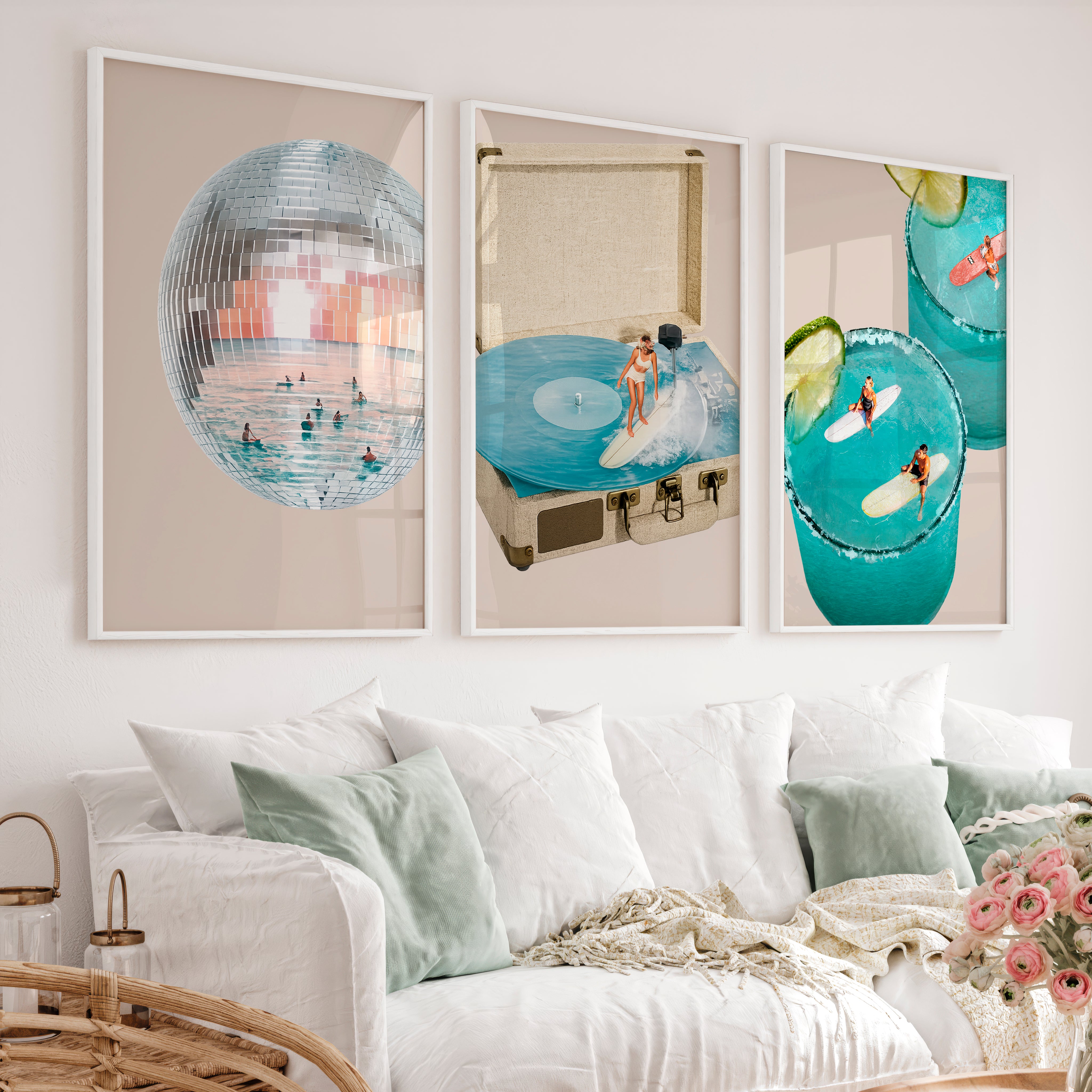 Interior Retro Wall Art with Disco Ball and Surf Record Player - White Framed Poster No Border - Artworksets