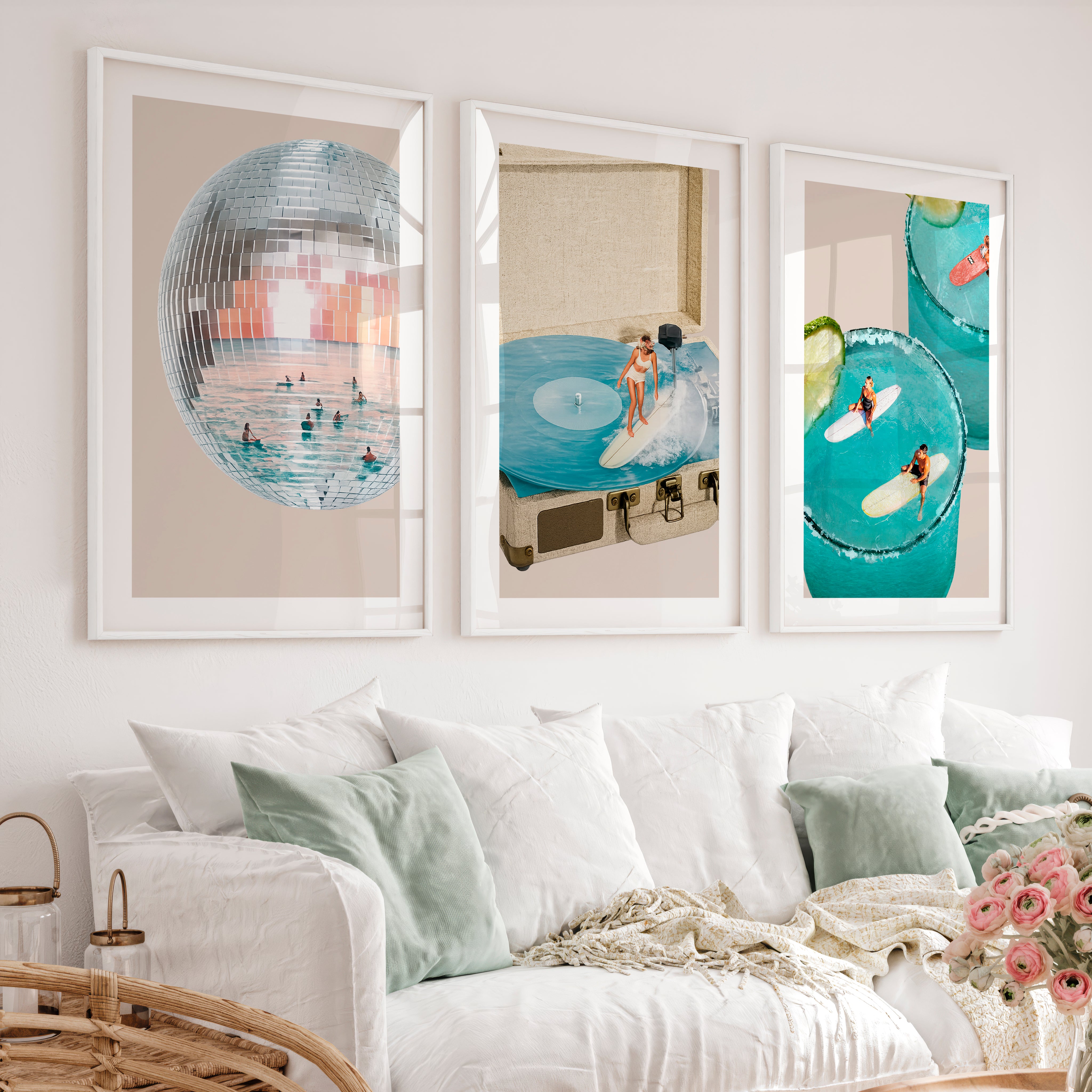 Interior Retro Wall Art with Disco Ball and Surf Record Player - White Framed Poster with White Border - Artworksets