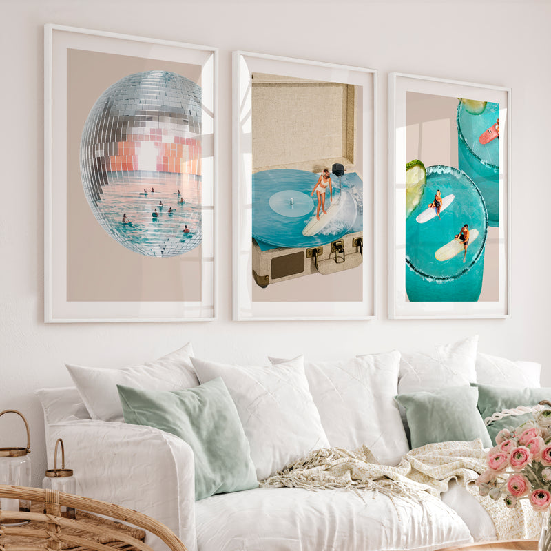 Interior Retro Wall Art with Disco Ball and Surf Record Player - White Framed Poster with White Border - Artworksets