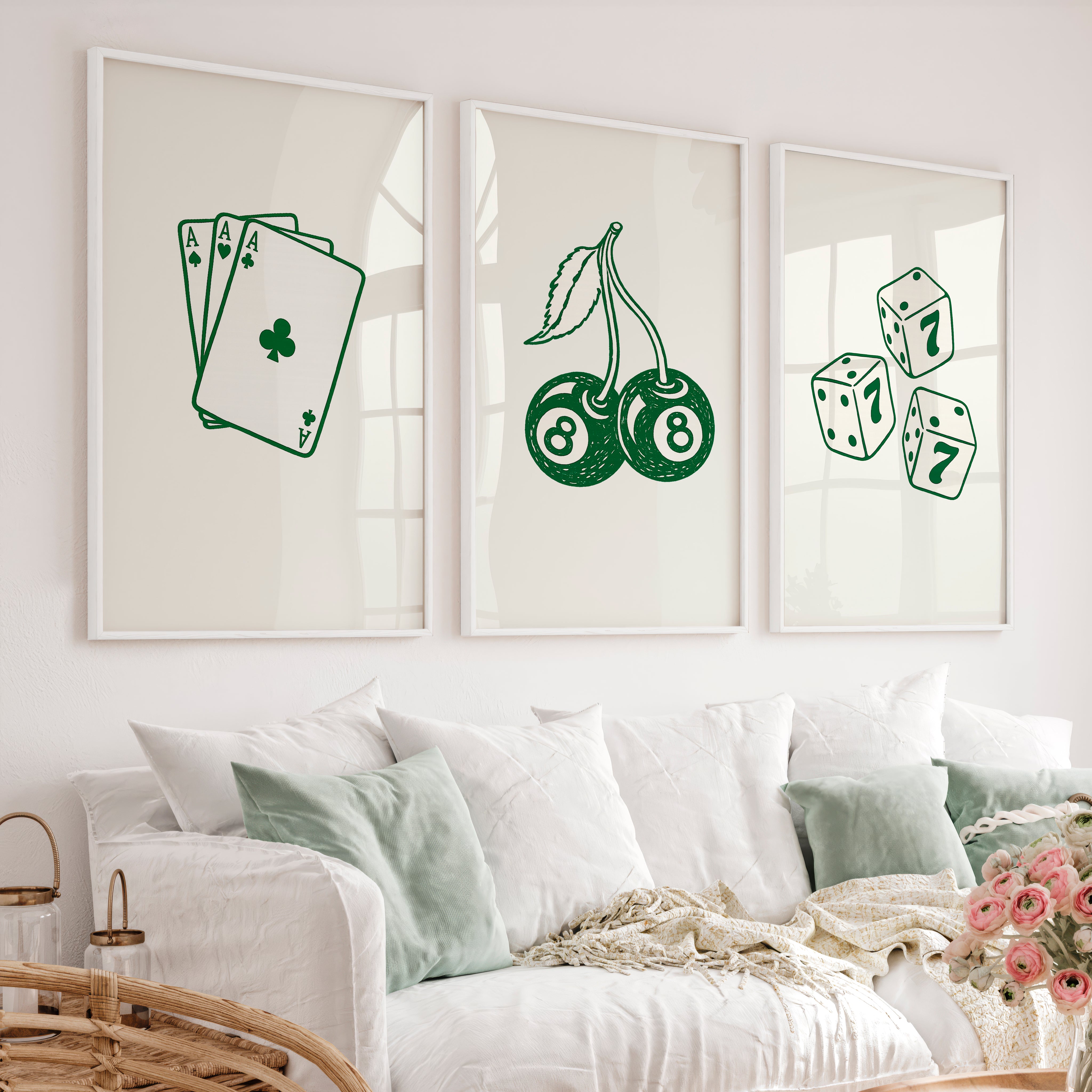 Green Casino interior vintage style with Cherry 8 Ball - White Framed Poster No Border - Artworksets