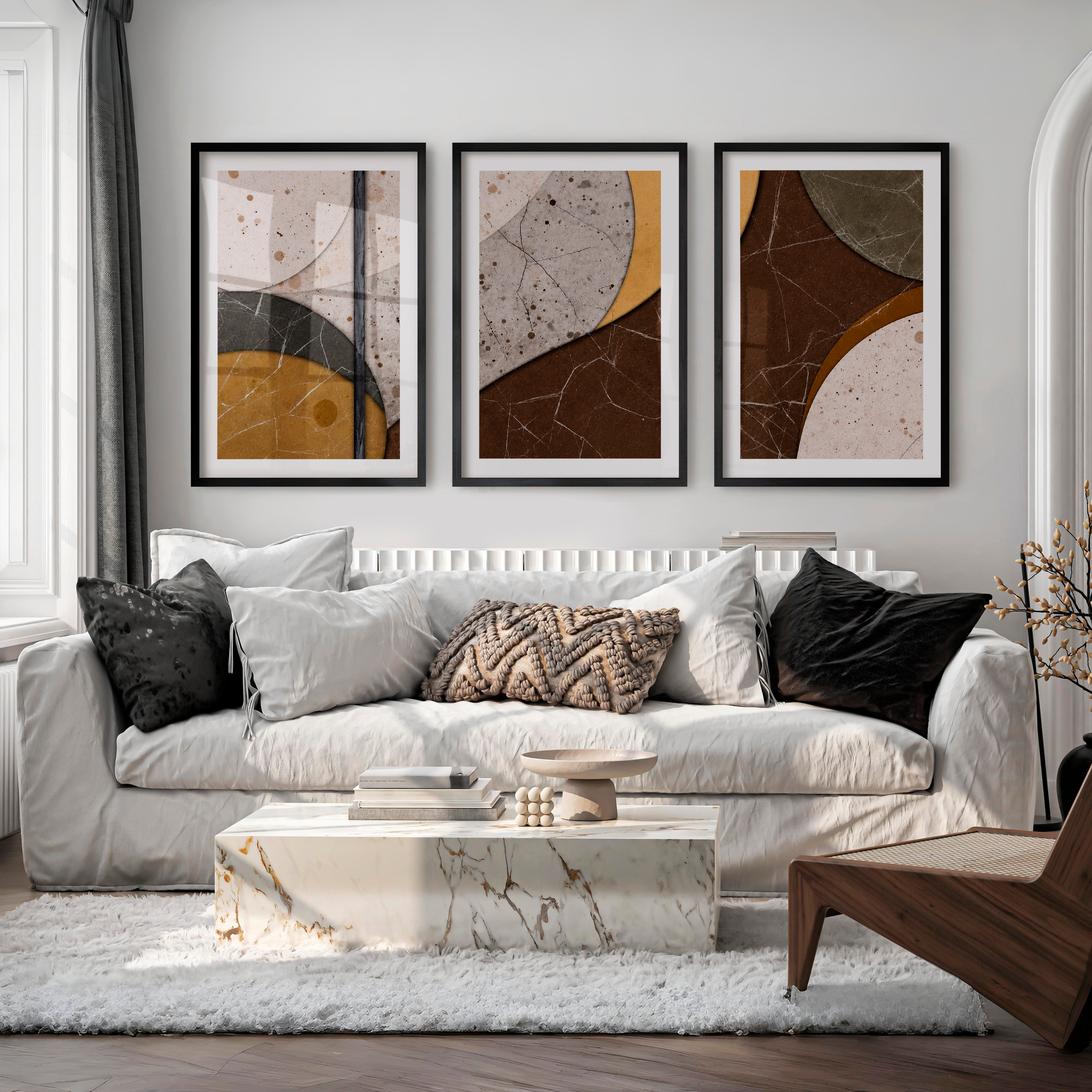 Layered Stone Forms in japandi abstract art - Black Framed Poster with White Border - Artworksets