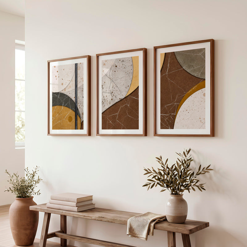 Layered Stone Forms in japandi abstract art - Dark Brown Framed Poster with White Border - Artworksets