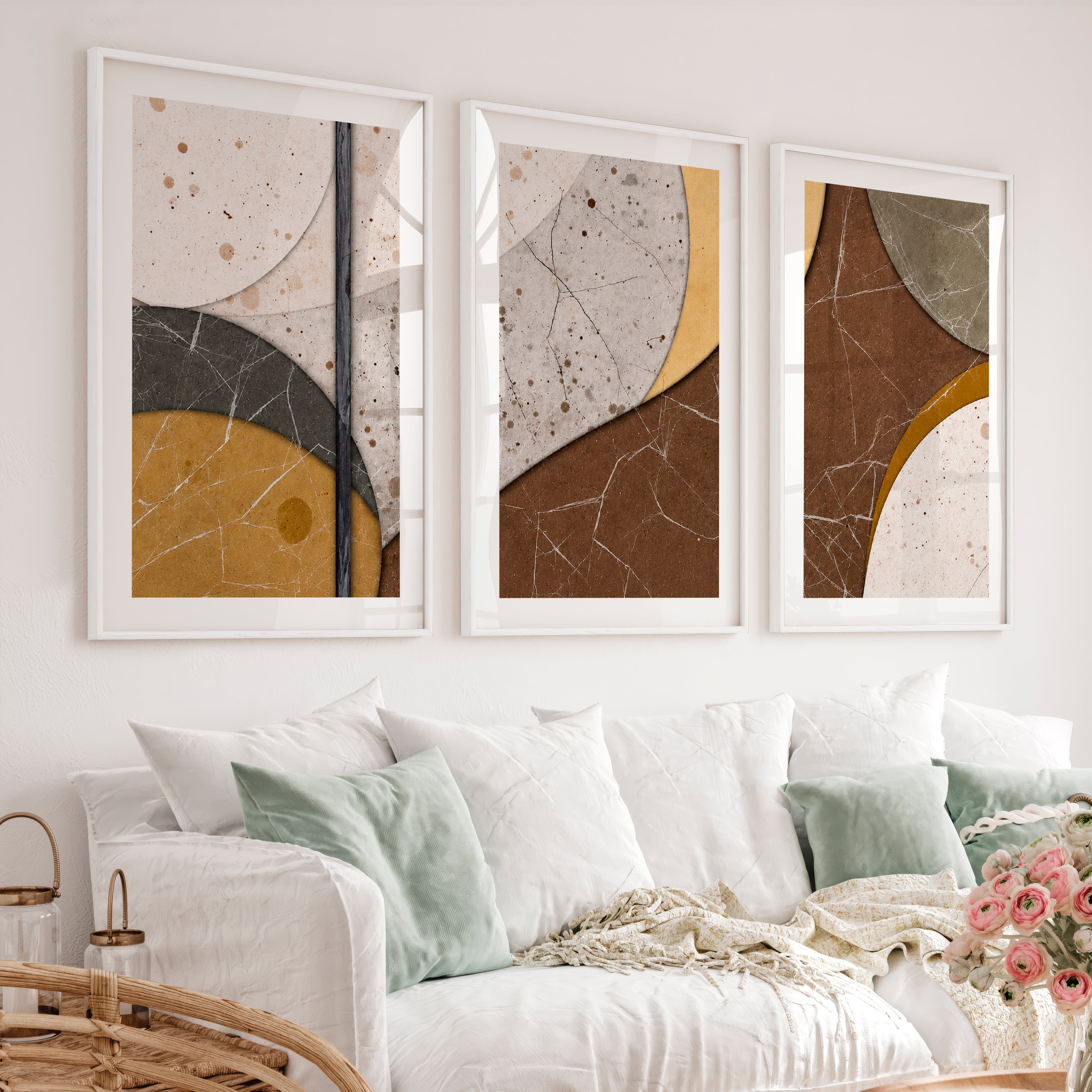 Layered Stone Forms in japandi abstract art - White Framed Poster with White Border - Artworksets