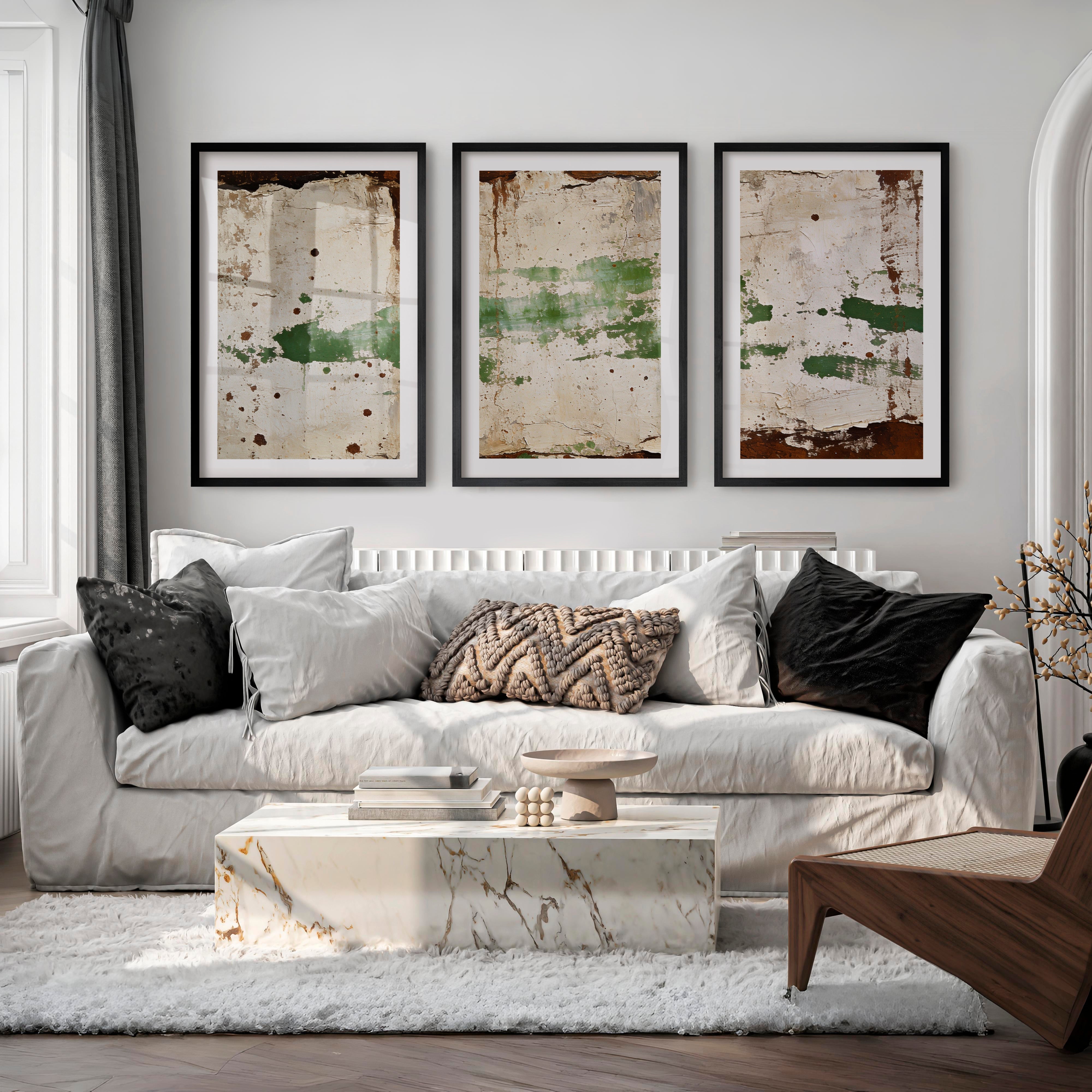 japandi abstract art Green Plaster Layers - Black Framed Poster with White Border - Artworksets