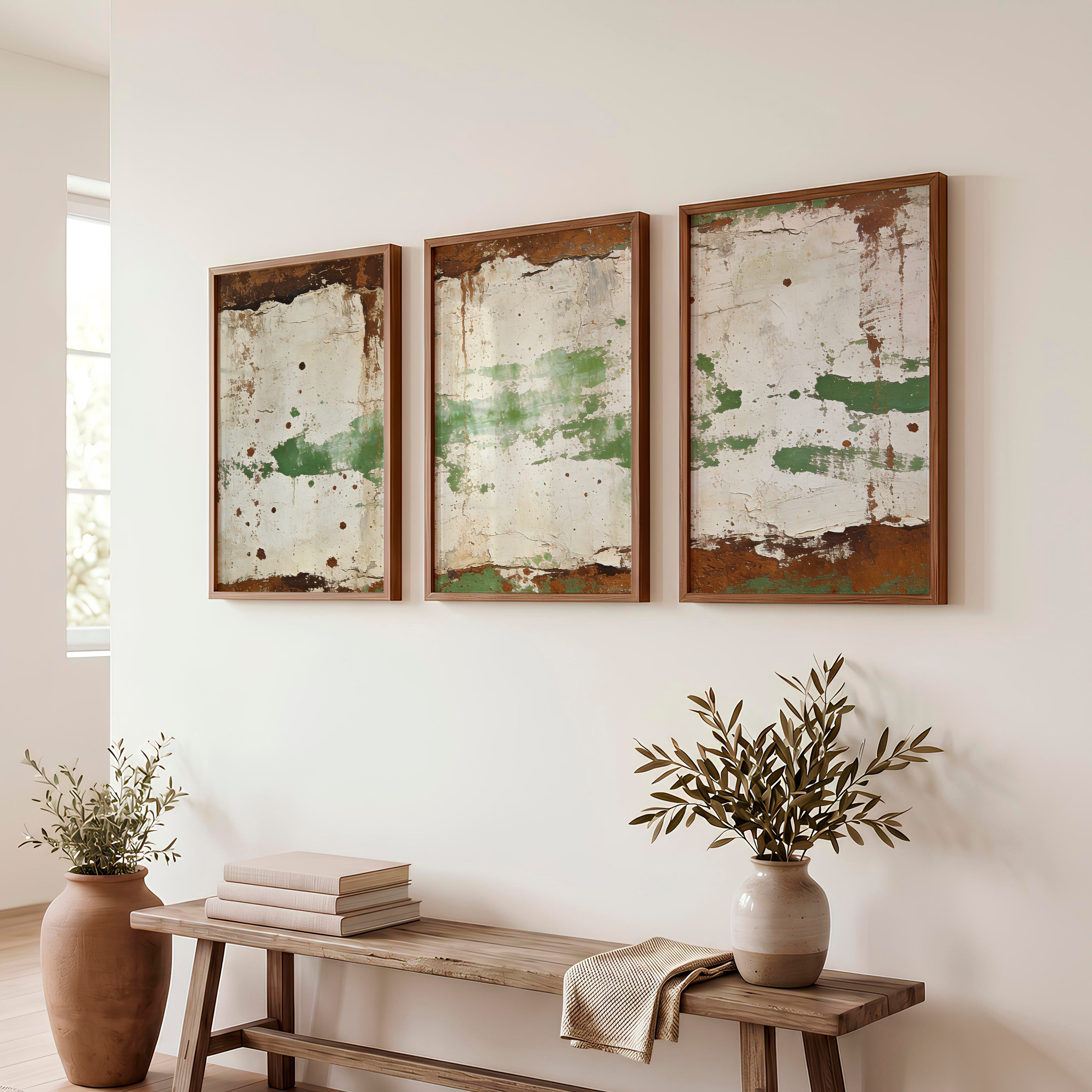 japandi abstract art Green Plaster Layers - Dark Brown Framed Poster No Border - Artworksets