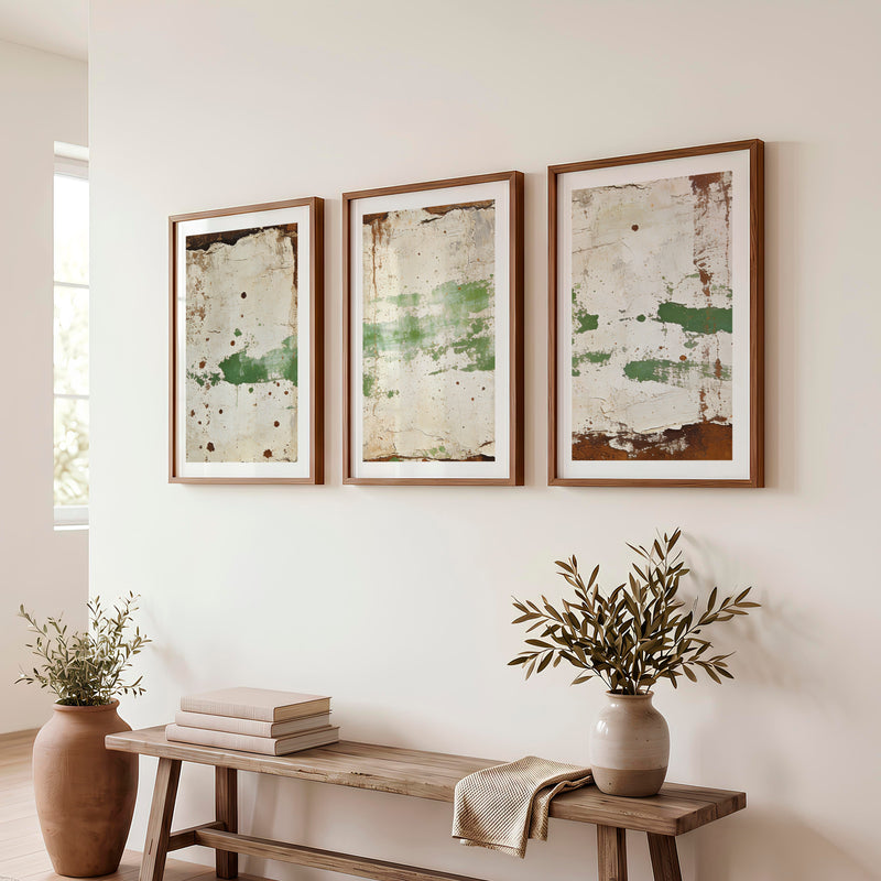 japandi abstract art Green Plaster Layers - Dark Brown Framed Poster with White Border - Artworksets
