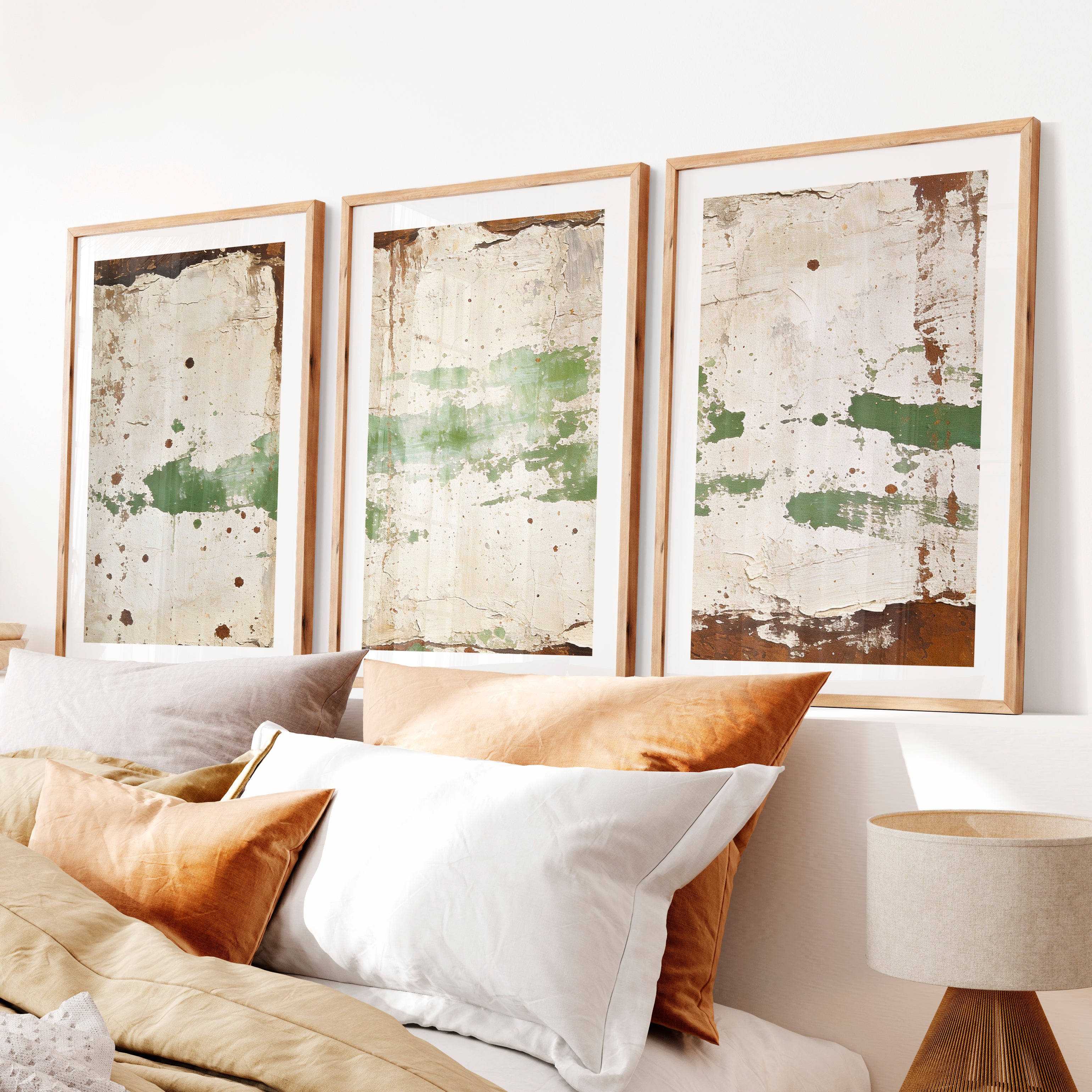 japandi abstract art Green Plaster Layers- Natural Wood Framed Poster with White Border - Artworksets