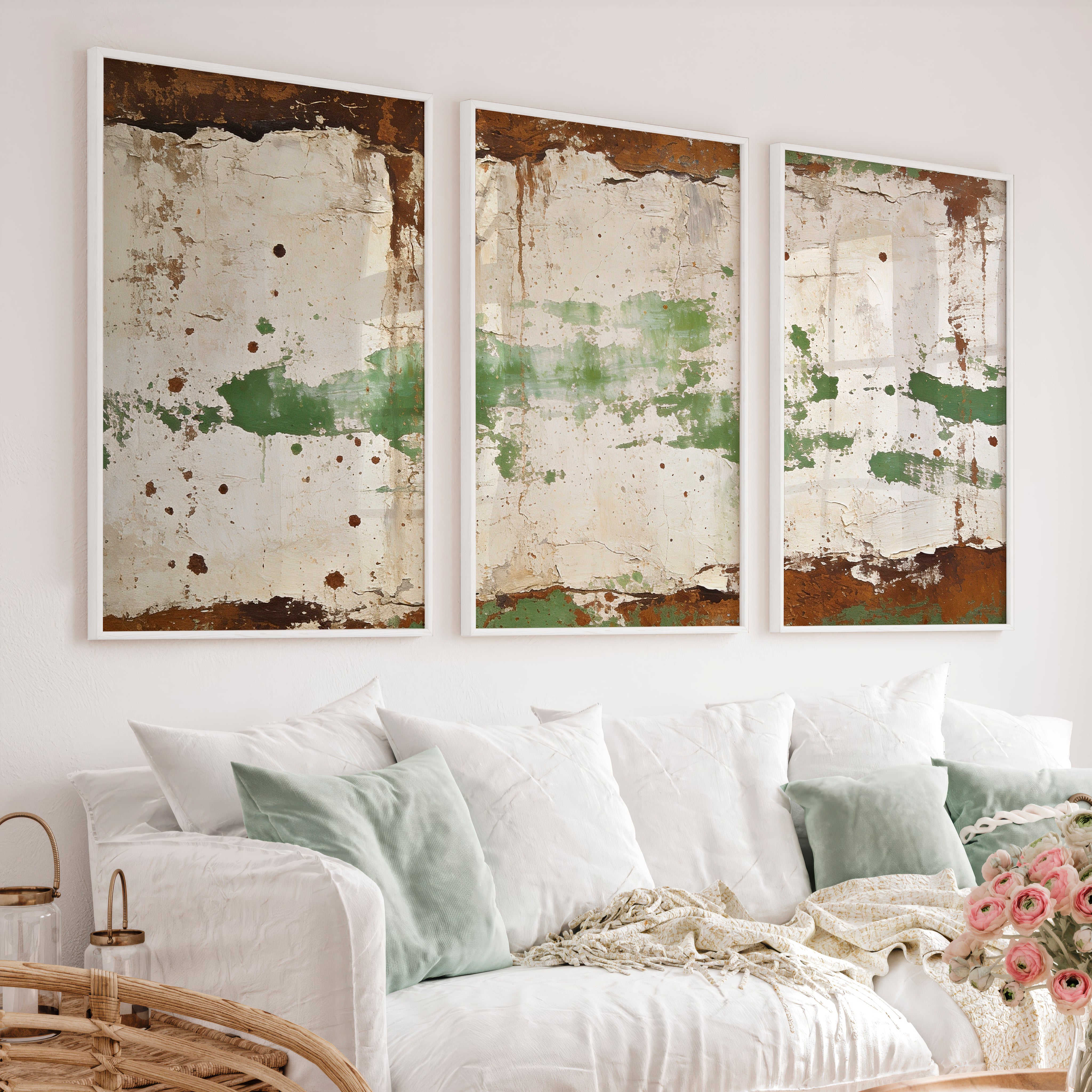 japandi abstract art Green Plaster Layers - White Framed Poster No Border - Artworksets