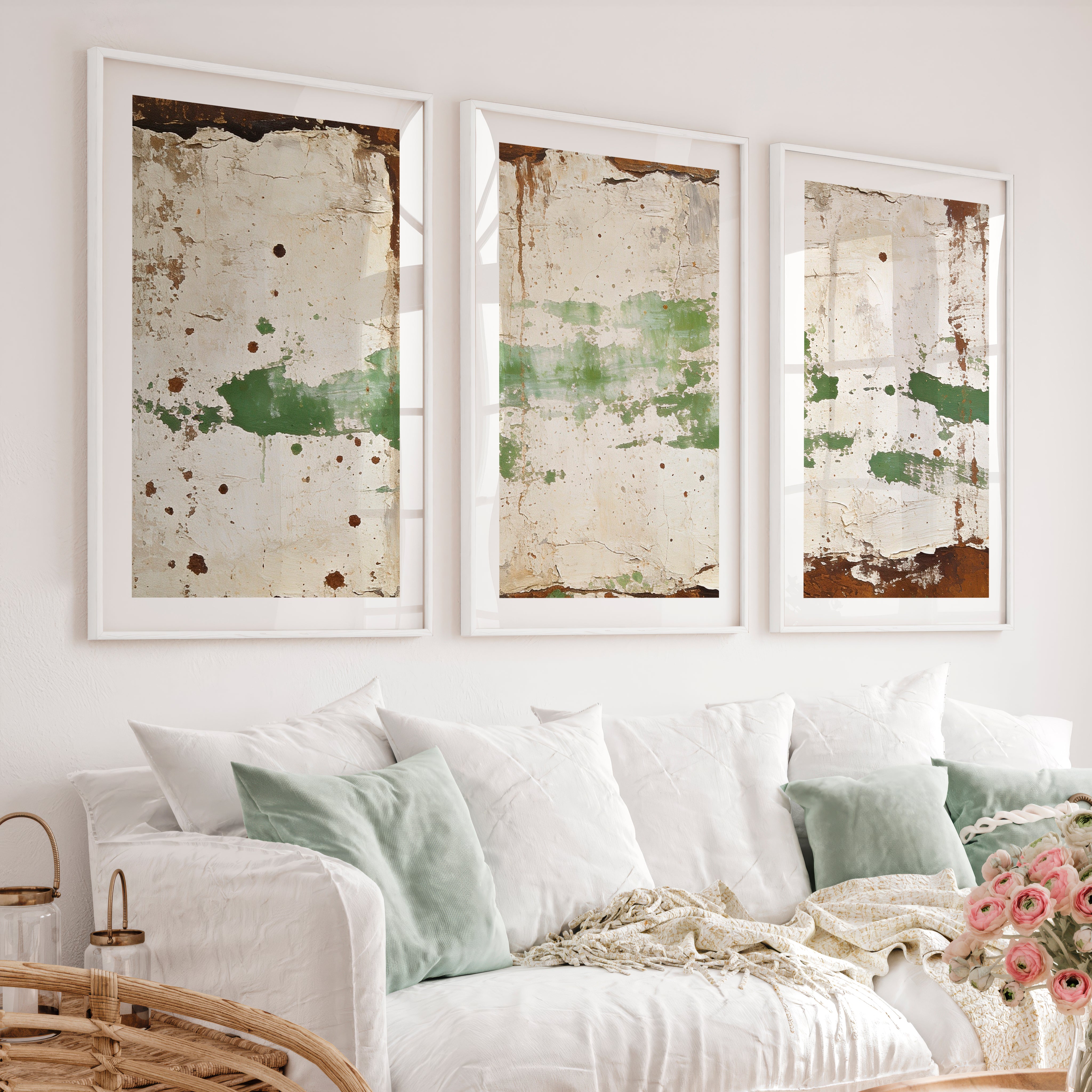 japandi abstract art Green Plaster Layers - White Framed Poster with White Border - Artworksets
