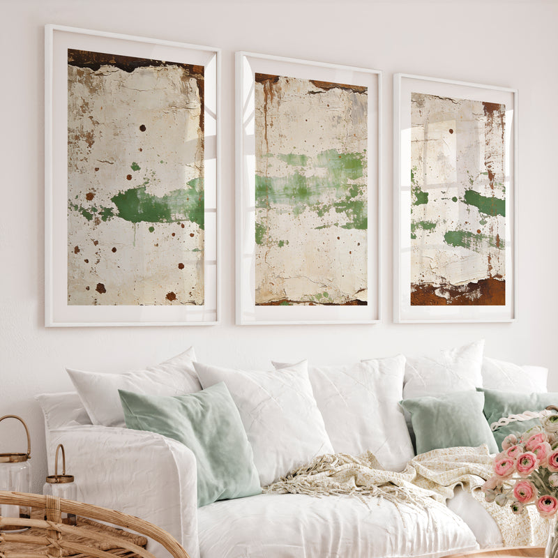 japandi abstract art Green Plaster Layers - White Framed Poster with White Border - Artworksets