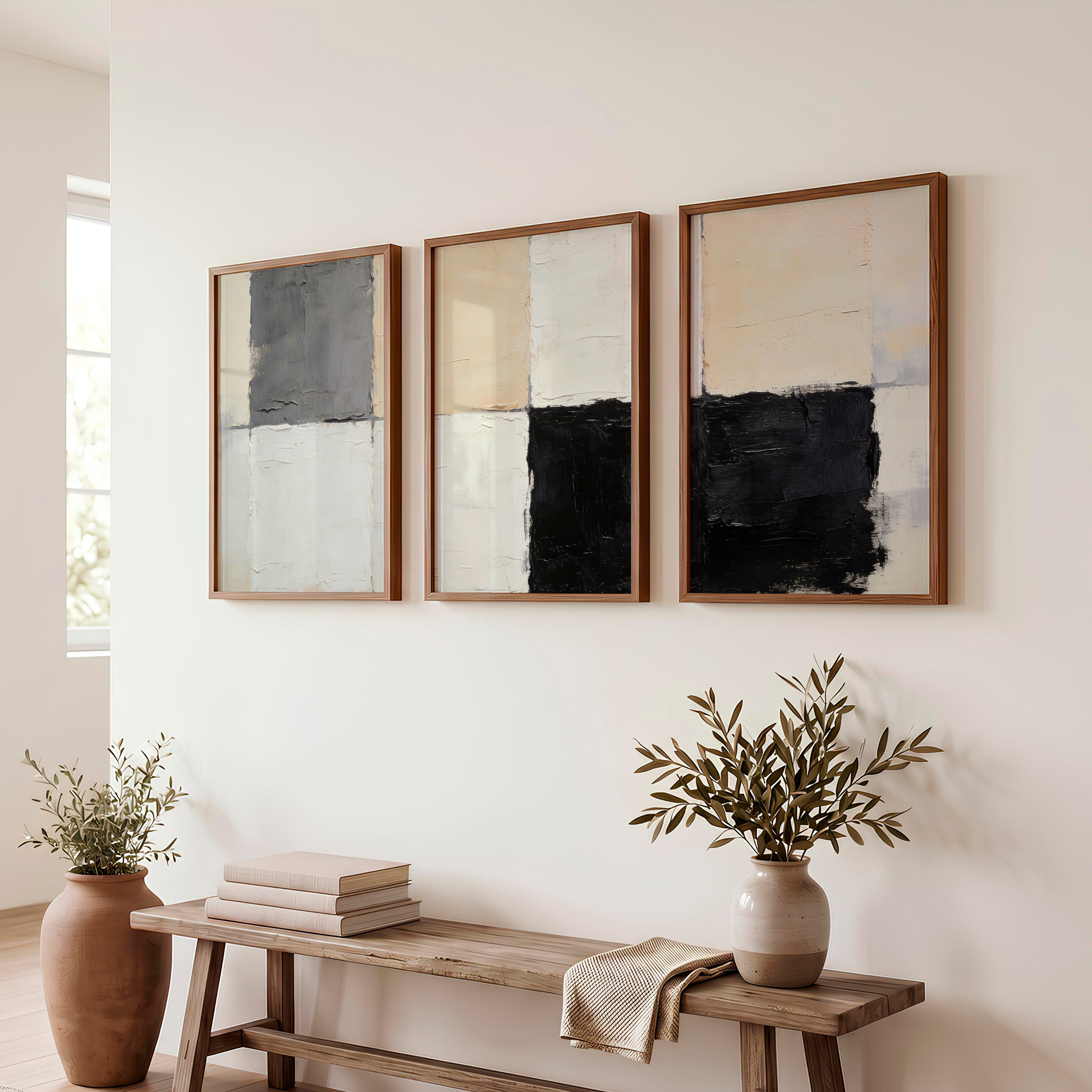 Grid Blocks japandi abstract art - Dark Brown Framed Poster No Border - Artworksets