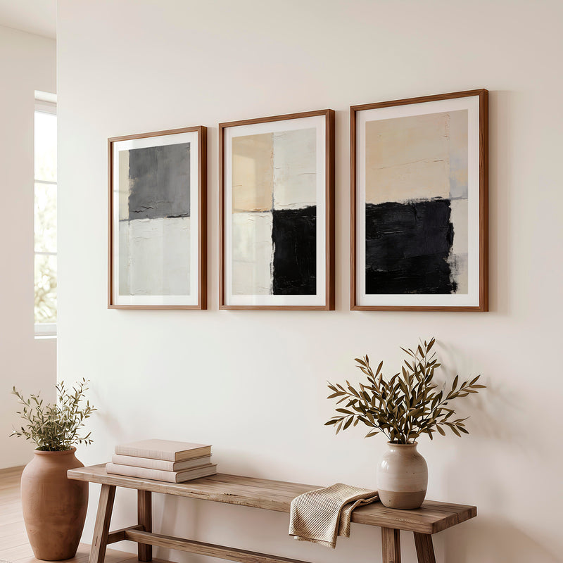 Grid Blocks japandi abstract art - Dark Brown Framed Poster with White Border - Artworksets