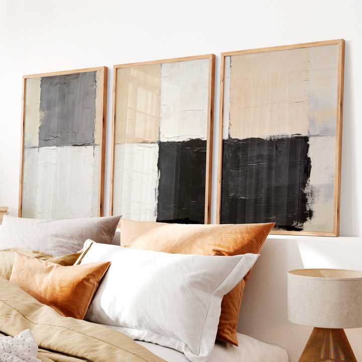 Grid Blocks japandi abstract art - Natural Wood Framed Poster No Border - Artworksets