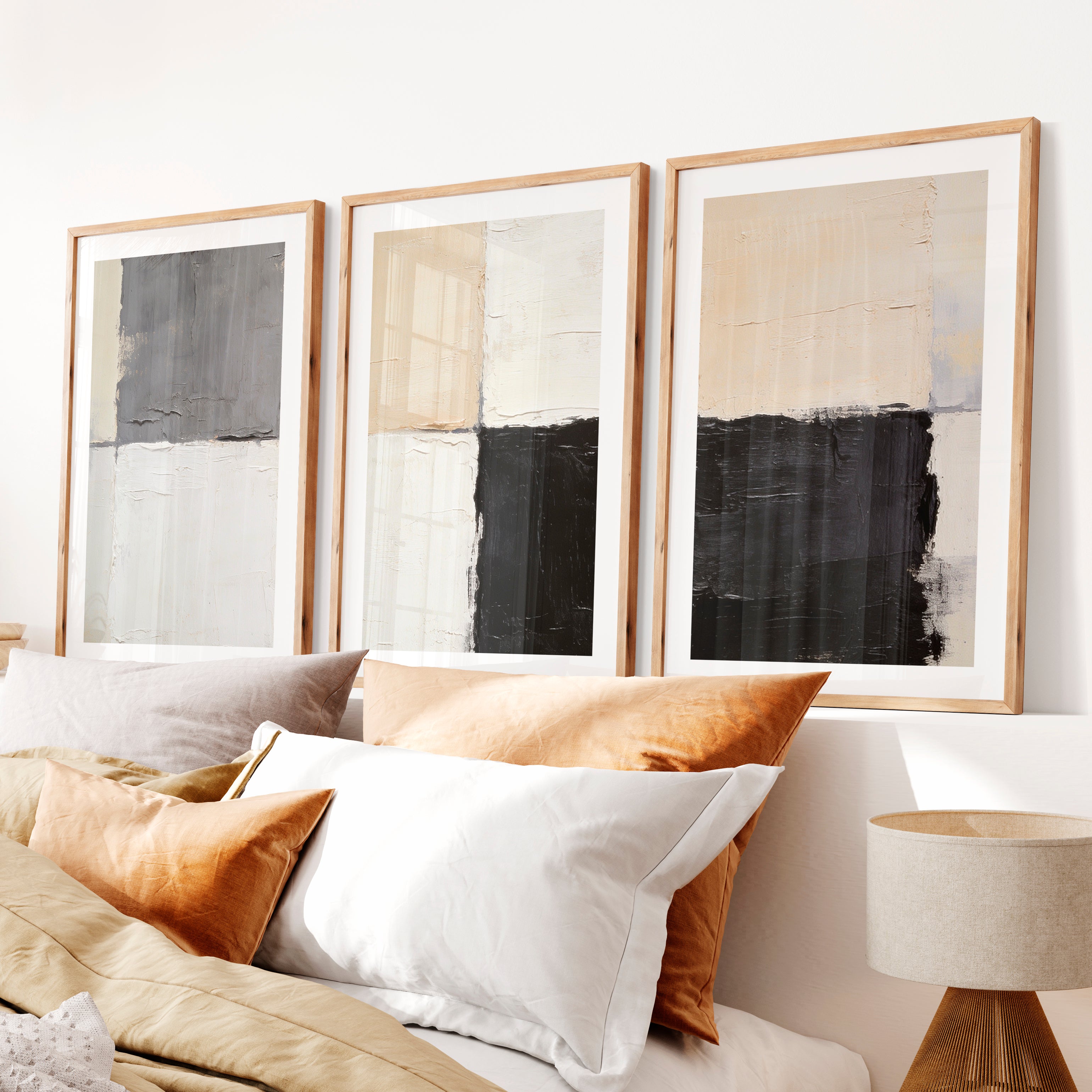 Grid Blocks japandi abstract art- Natural Wood Framed Poster with White Border - Artworksets