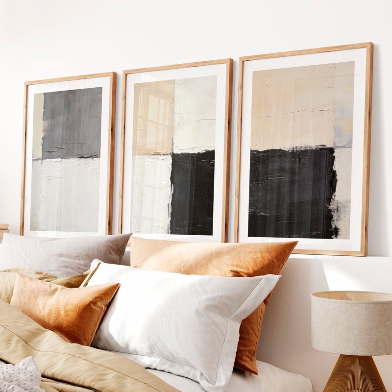 Grid Blocks japandi abstract art- Natural Wood Framed Poster with White Border - Artworksets