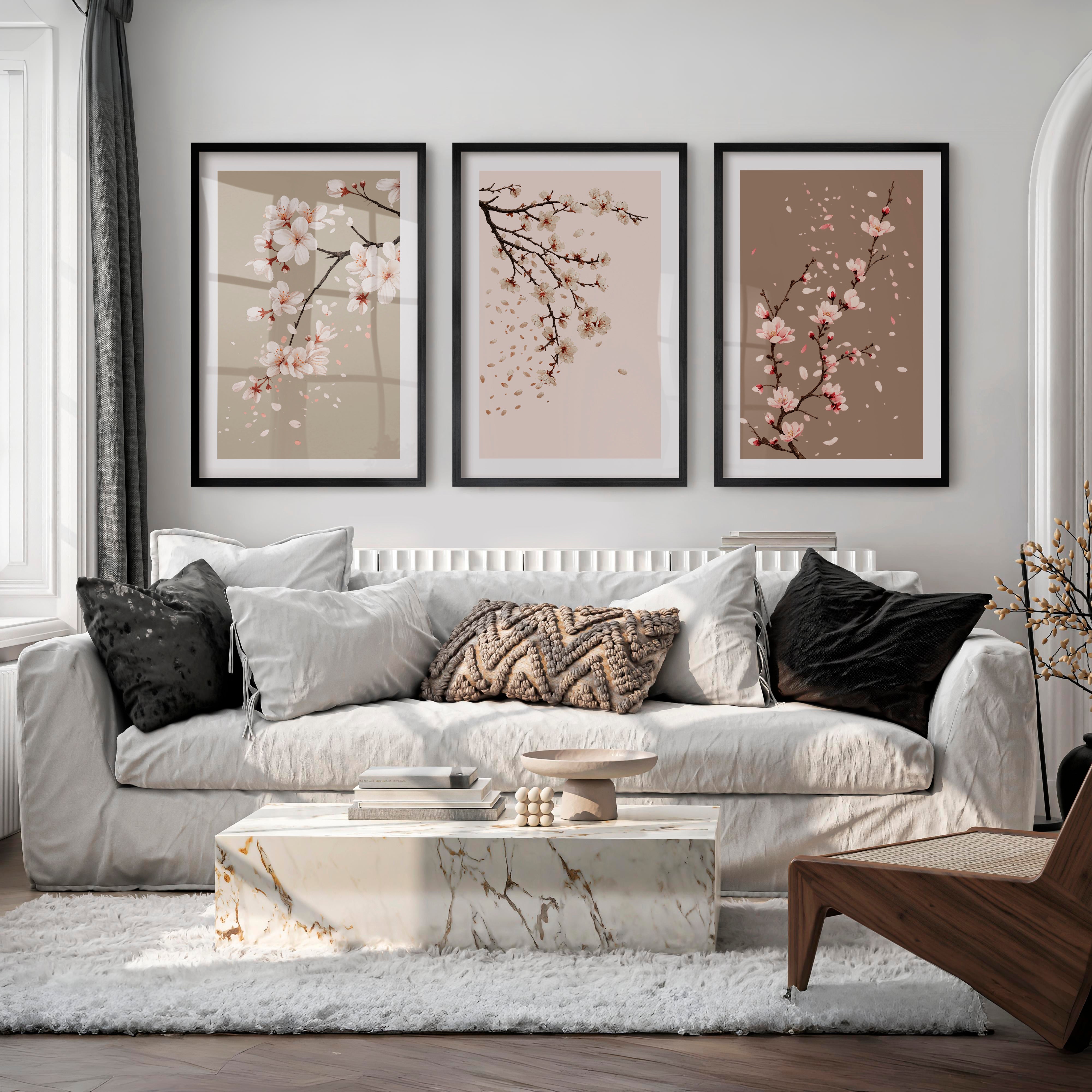 Cherry Blossom Branches for Japandi Accent Wall - Black Framed Poster with White Border - Artworksets