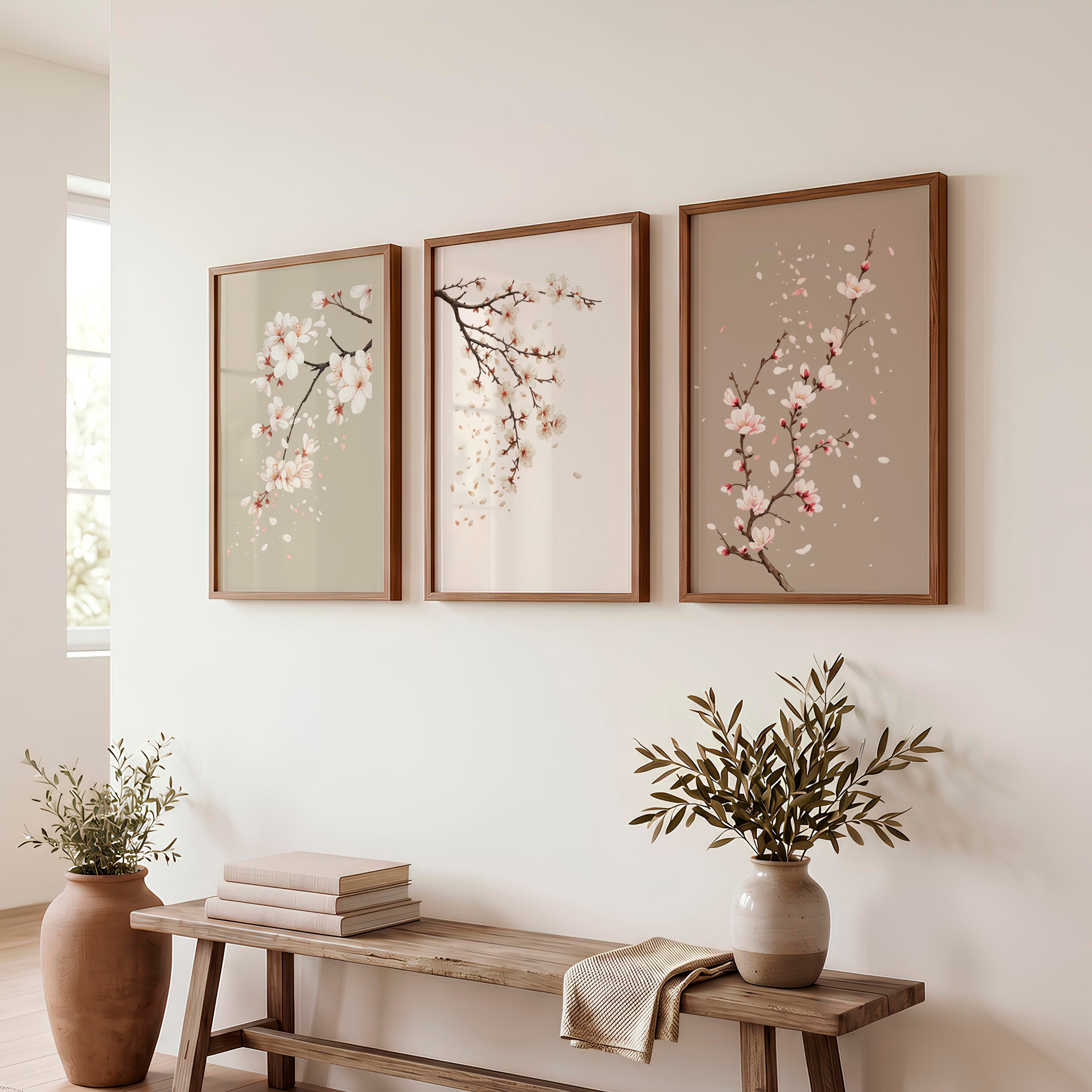 Cherry Blossom Branches for Japandi Accent Wall - Dark Brown Framed Poster No Border - Artworksets
