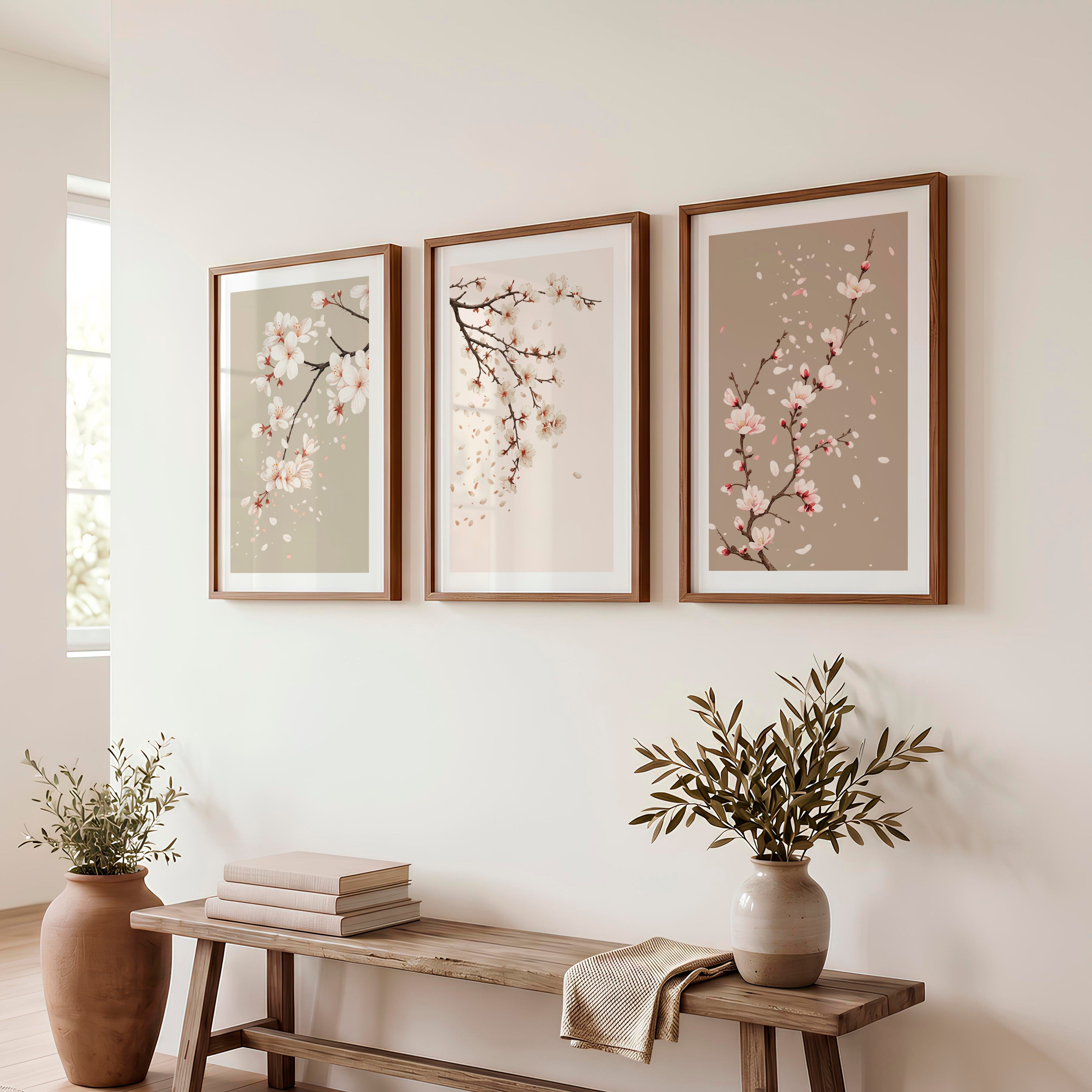 Cherry Blossom Branches for Japandi Accent Wall - Dark Brown Framed Poster with White Border - Artworksets